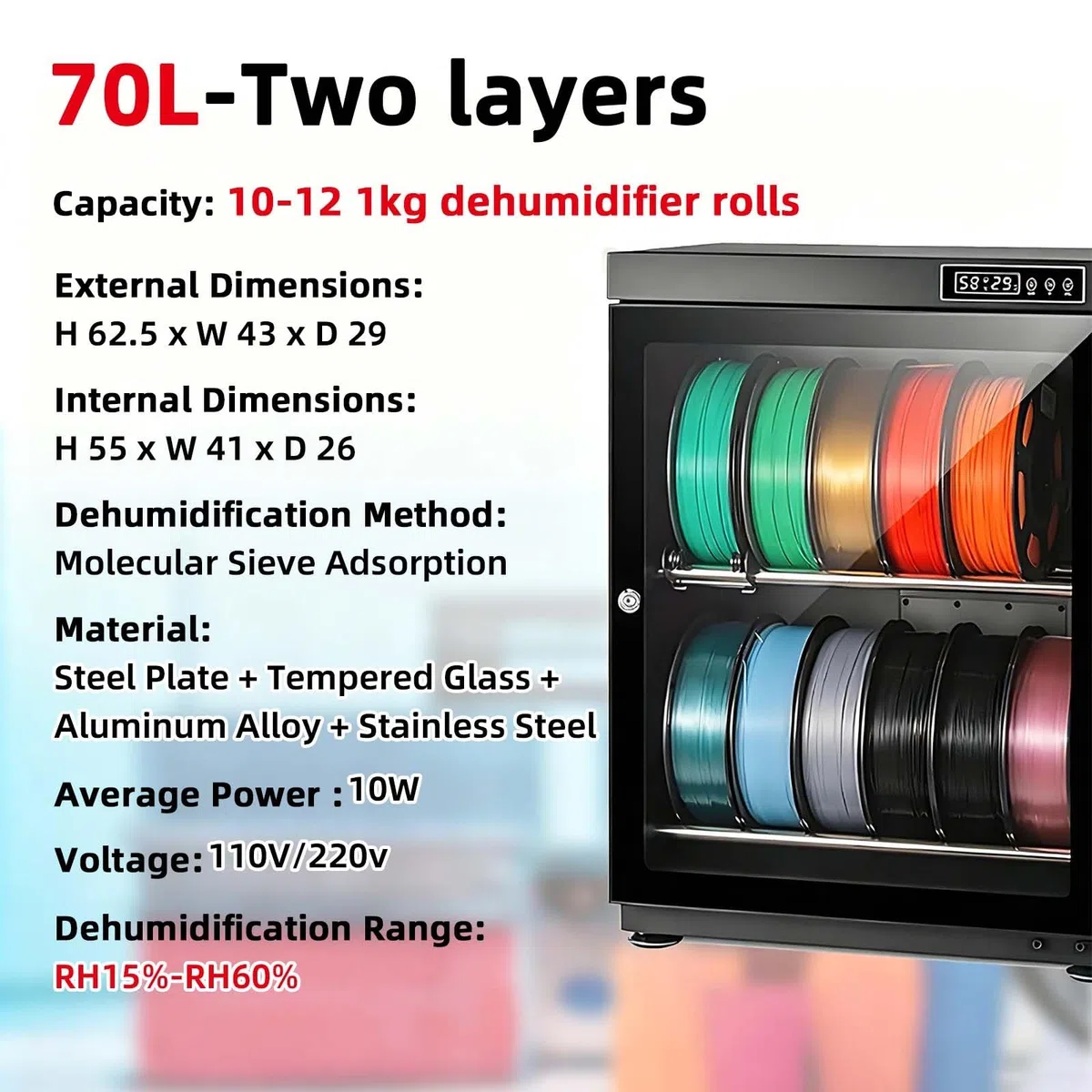 Professioneller Trockenschrank für Verbrauchsmaterial, elektronisch 15-60% | Großes Fassungsvermögen, für 3D-Druckfilamente, robuste Stahlbauweise(115L)