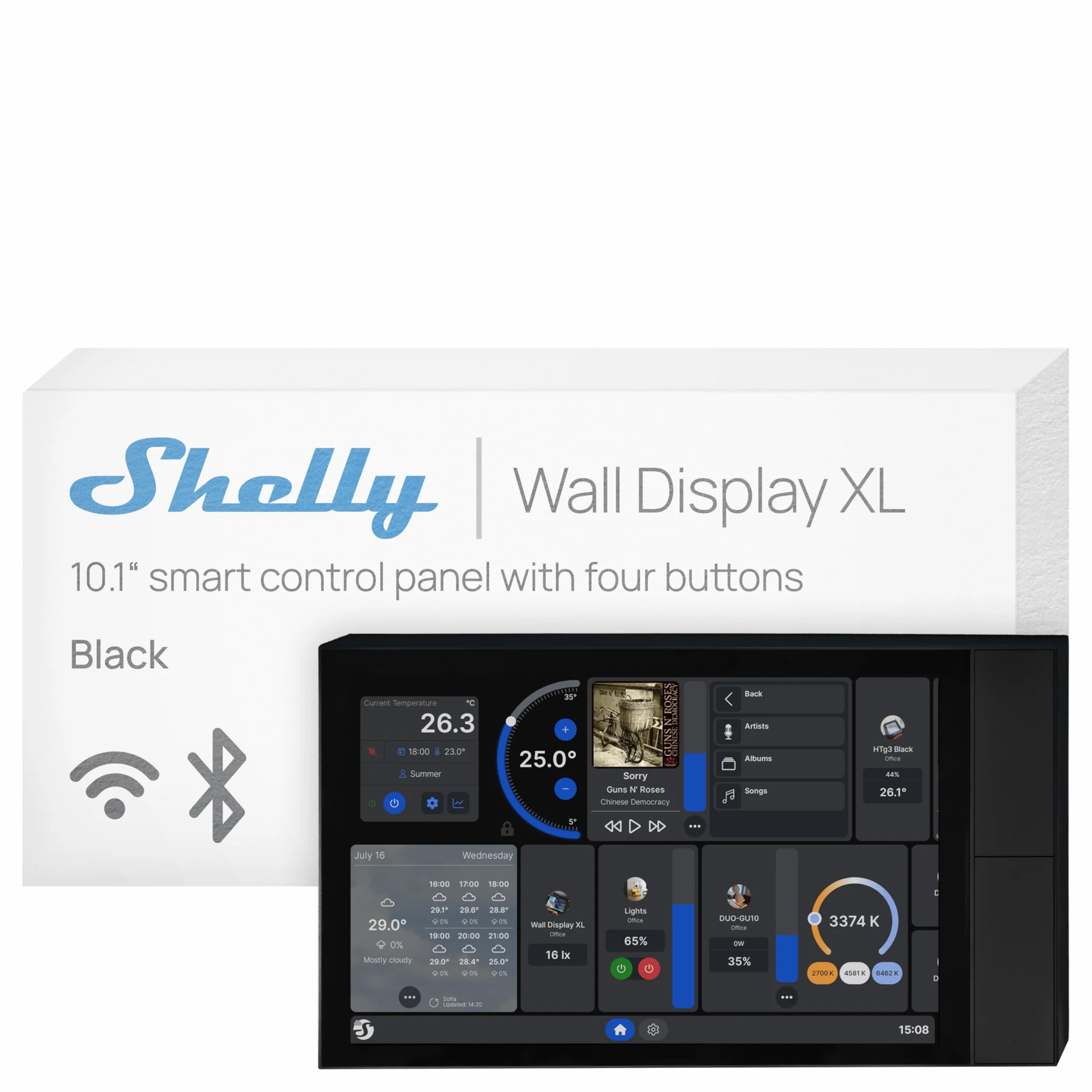 Shelly Wall Display XL Schwarz - 10.1" WLAN-Smart-Home-Bedienfeld, Vier Tasten, Integriertes 5A-Relais, Neutralleiter Erforderlich, LUX-Sensor, Stereo-Lautsprecher, Steuerzentrale, Home Assistant