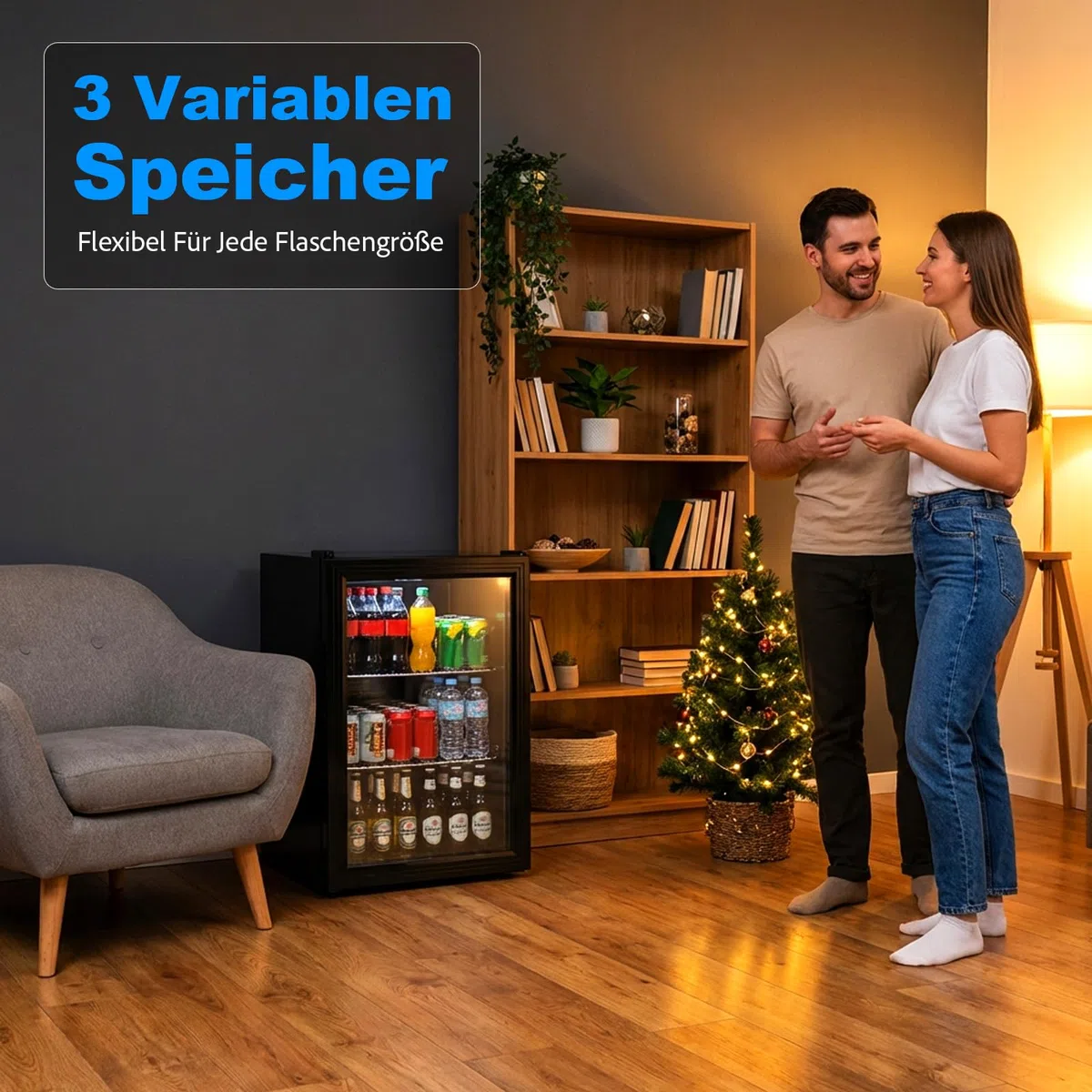 Mini Getränkekühlschrank 60L mit Glastür – Kompakter Kühlschrank mit verstellbaren Ablagen, leise Kompressor Kühlung, LED Beleuchtung für Bier, Wein, Zuhause, Büro [Energieklasse D]