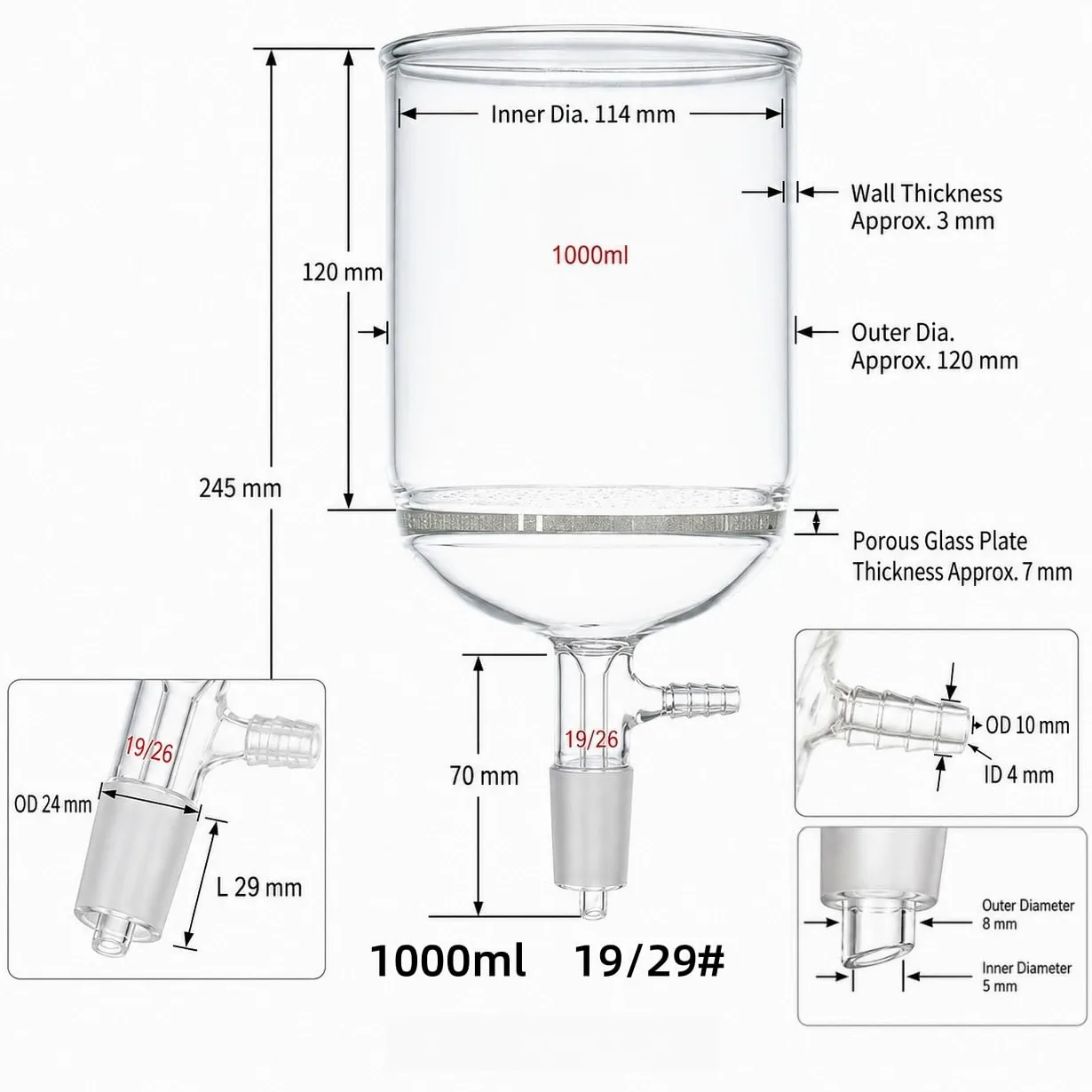 Büchnertrichter mit Poröser Glasplatte Borosilikatglas Vakuum Labor-19/26# 1000ml