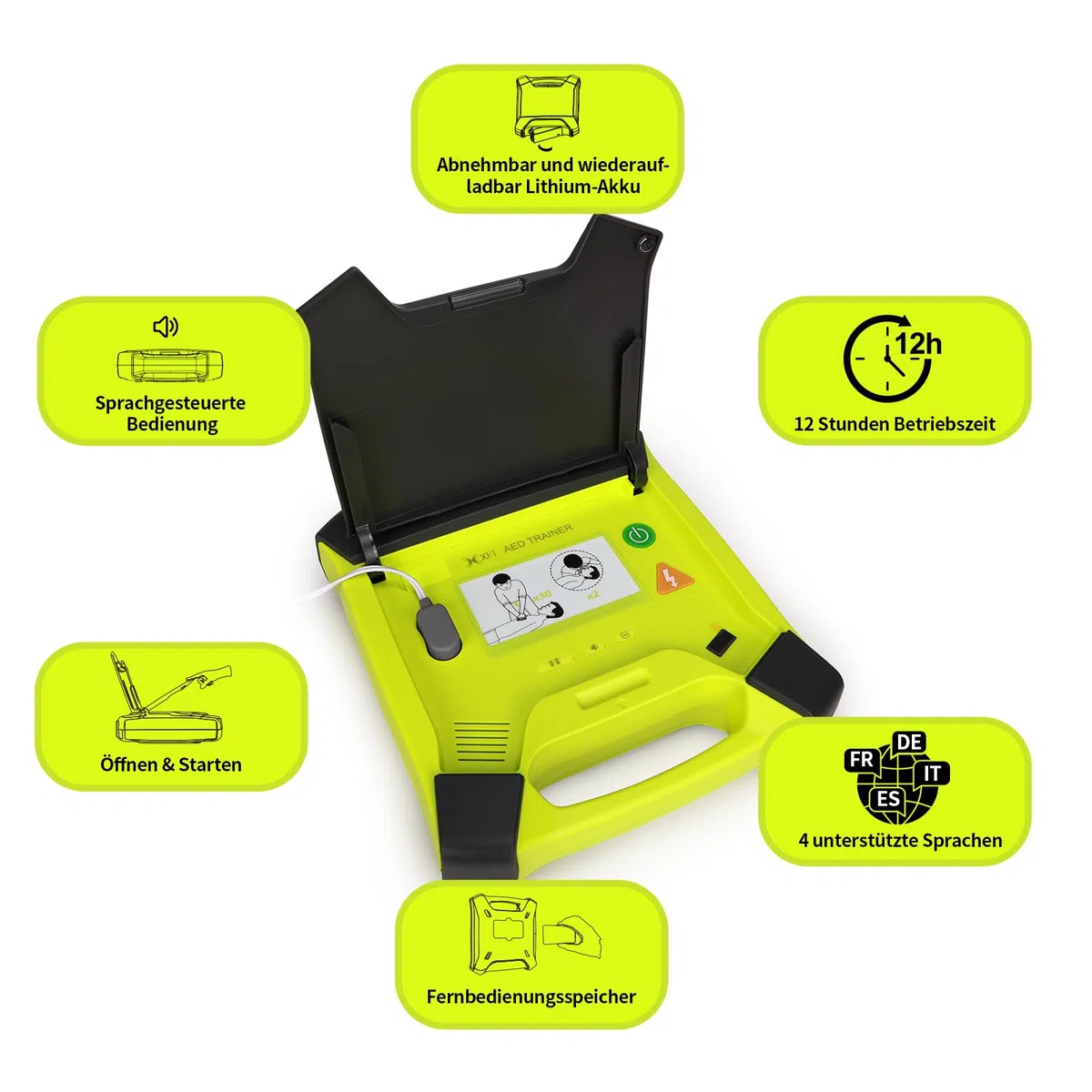 AED-Trainer XFT 120GA, Erste Hilfe Teaching Trainingsgerät, 8 Verschiedene Szenarien, Deutsch, Französisch, Spanisch und Italienisch Sprachansagen mit Fernbedienung