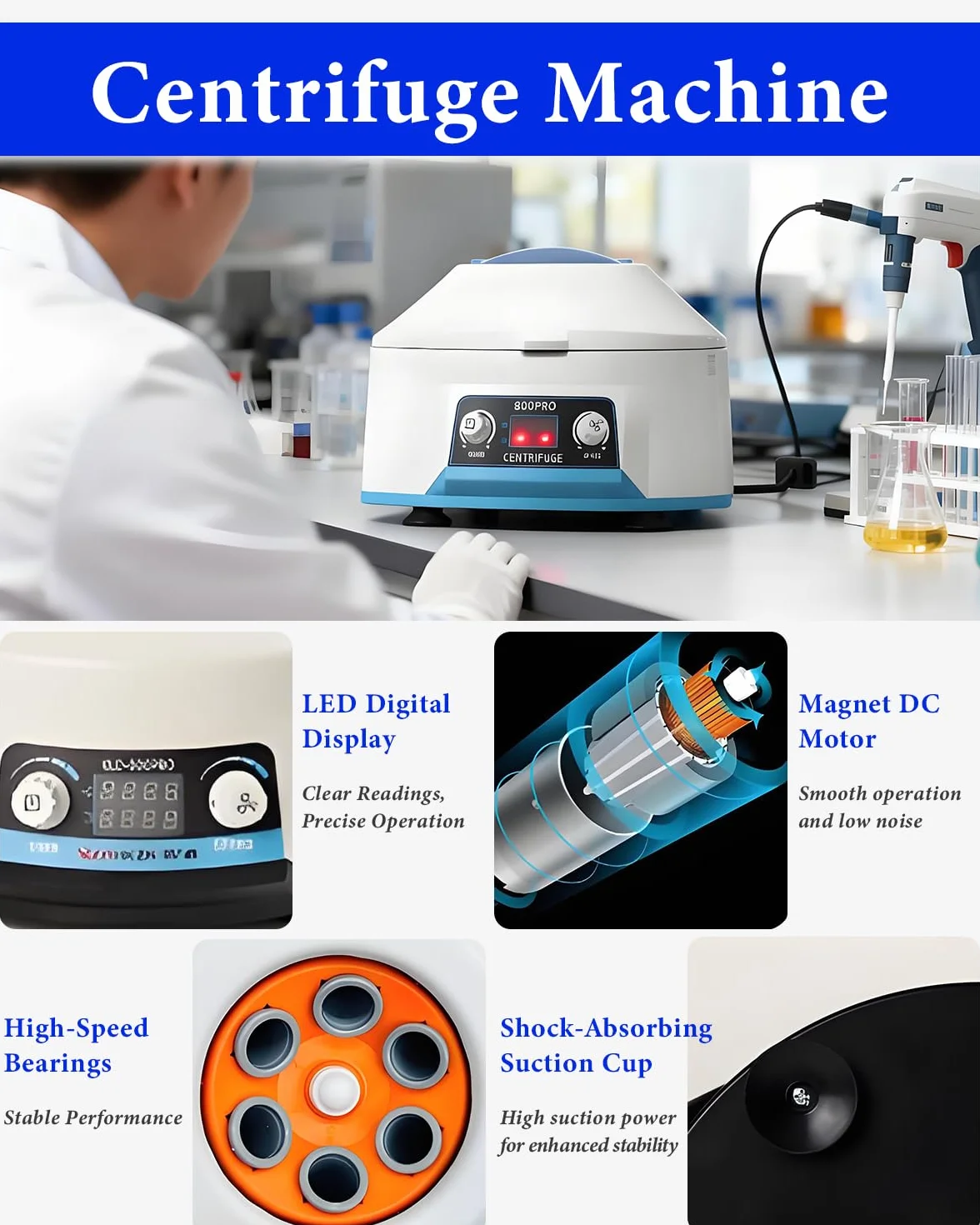 PRP Zentrifuge, 6 * 15ml, 4000RPM 1953xg, RCF Tragbare Zentrifuge Labor with 1-99min Timer, Transparent Lid & LED, für 5/7/10ml Zentrifugenröhrchen, Geräuscharm, für Plasma, Blut, medizinische Praxis