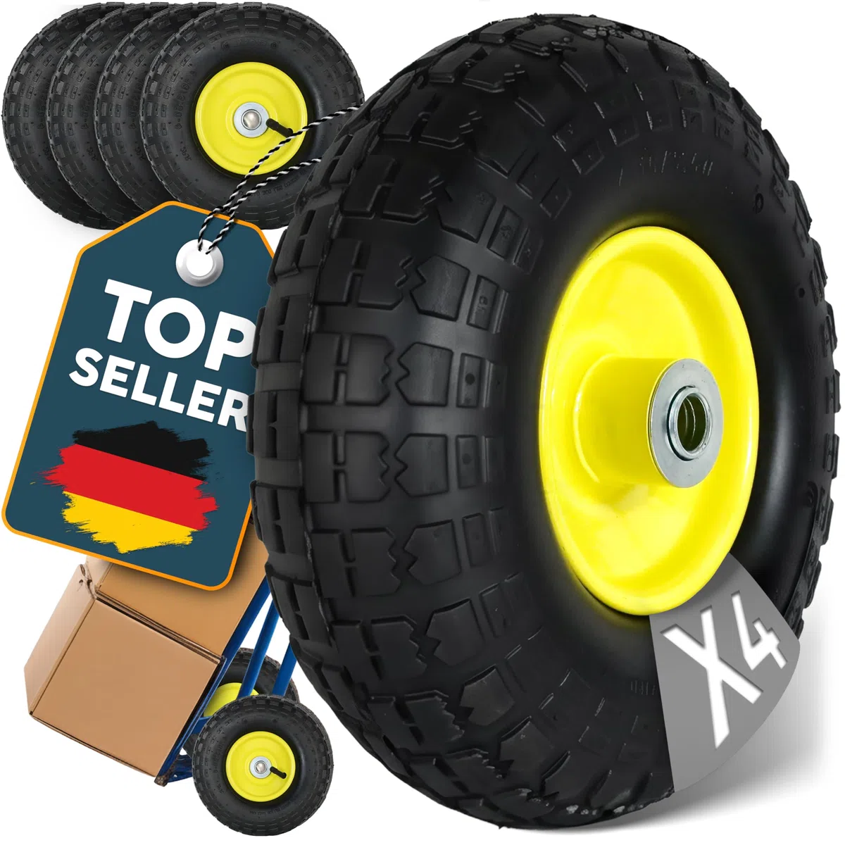 FROSAL Ersatzrad 4.10/3.50-4 (260×85) – 4 Stück – Luftreifen mit Kugellager – Nabenlänge 50 mm – Achse Ø 16 mm – gelbe Stahlfelge – mit praktischem Autoventil – für Bollerwagen & Sackkarren