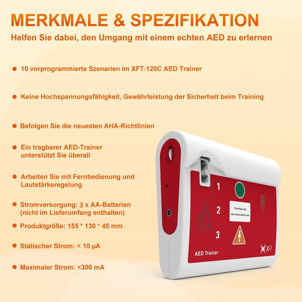 AED Trainer Deutsch, AED Trainingsgerät 10 Verschiedene Szenarien Deutsch&Englisch Sprachansagen mit Fernbedienung AED-Trainer mit CPR Lehrgerät für Erste-Hilfe-Schulungen XFT-120C