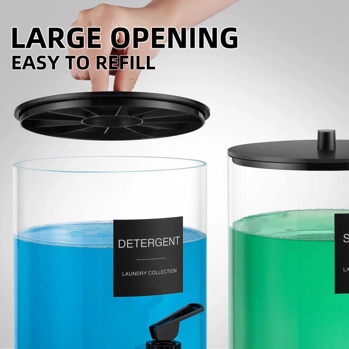 TIPGO Waschmittelspender aus Glas mit Zapfhahn, 3,6 l Flüssigseife und Weichspüler-Behälter, breite Öffnung, Waschmittelhalter mit 6 wasserdichten Etiketten (2 Stück)