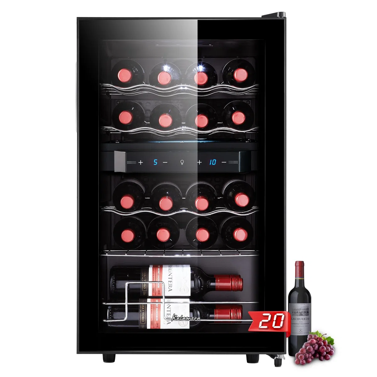 Kalamera Weinkühlschrank 2 Zonen, Touch-Bedienfeld,Schwarze Glastür, Verdeckter Griff, Flaschenkühlschrank 20 Flaschen, 68Liter, 5-18°C Kühlzone, KRC-68BFG