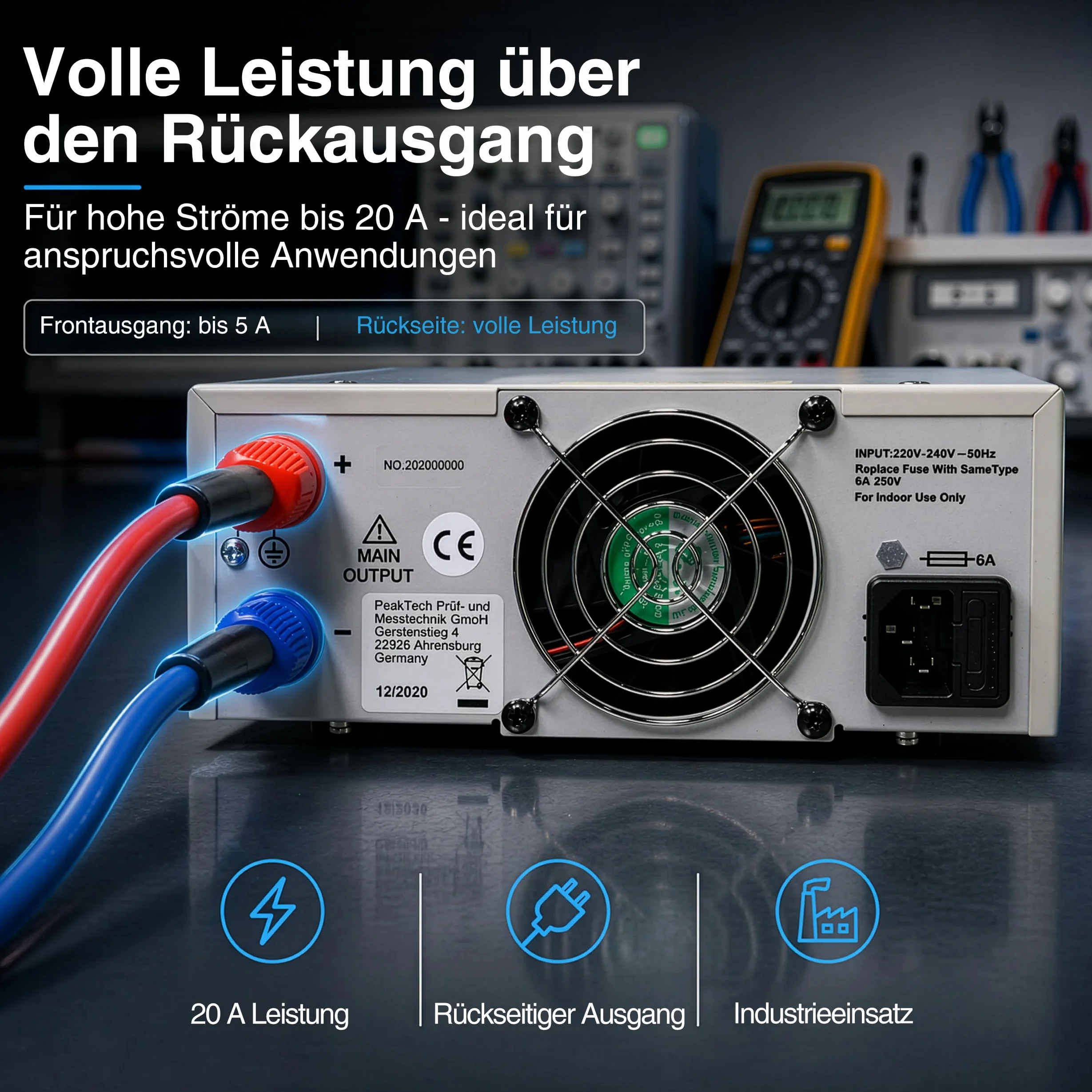 Peak Tech P 6155 – Digitales Labor Netzteil C 1-30 V/ 0-20A mit beleuchteter LCD Anzeige, Zuverlässsiges Schalt Netzgerät, Überspannungsschutz, DC Ausgang, Ausgangsleistung: 600 W - 214 x 87 x 336 mm