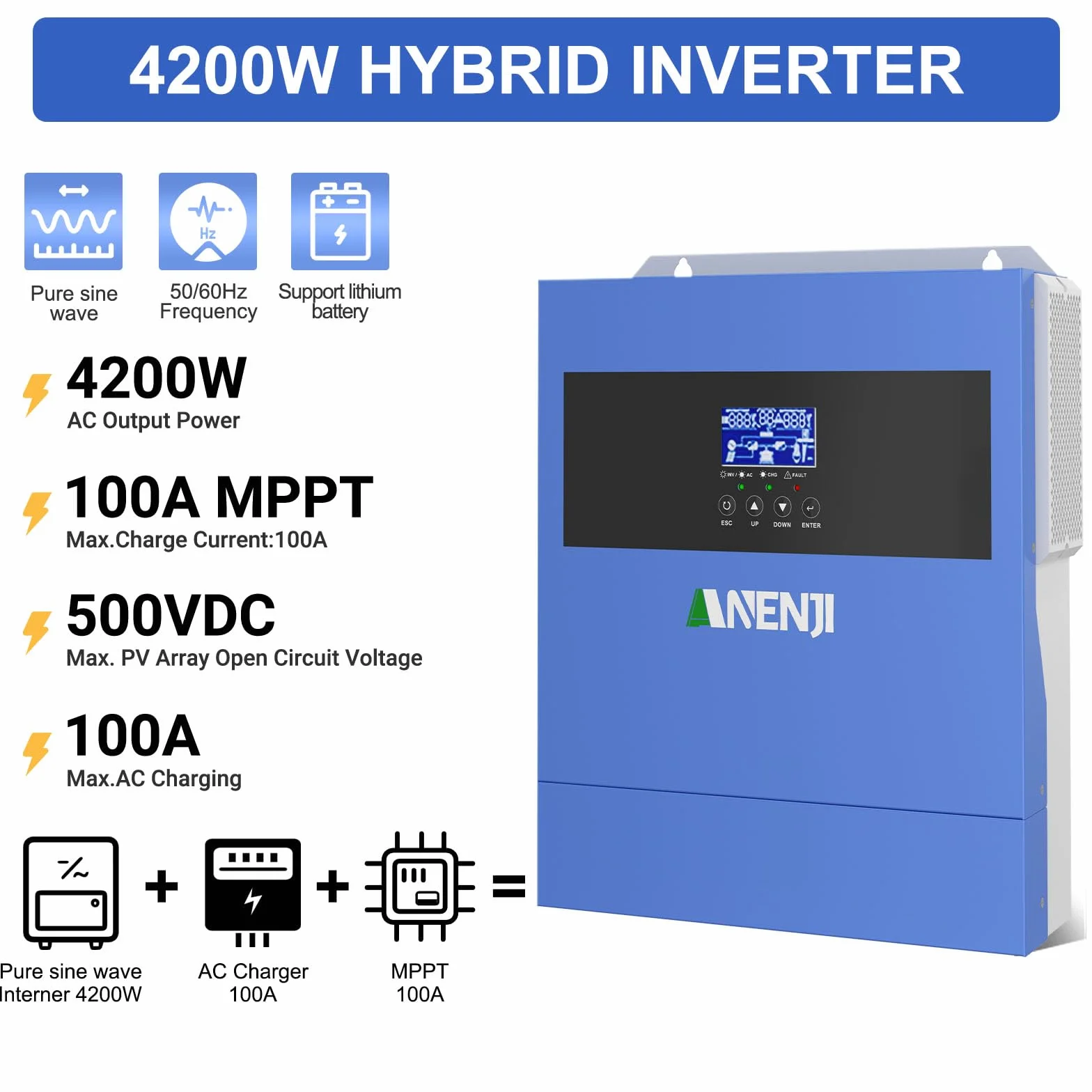 4200W Solar Hybrid Wechselrichter 24Vdc zu 230Vac Reiner Sinus Wechselrichter mit 100A MPPT Solarladeregler, Max PV-Eingangsspannung 500V, Unterstützt batterielosen Betrieb, Built-in WiFi