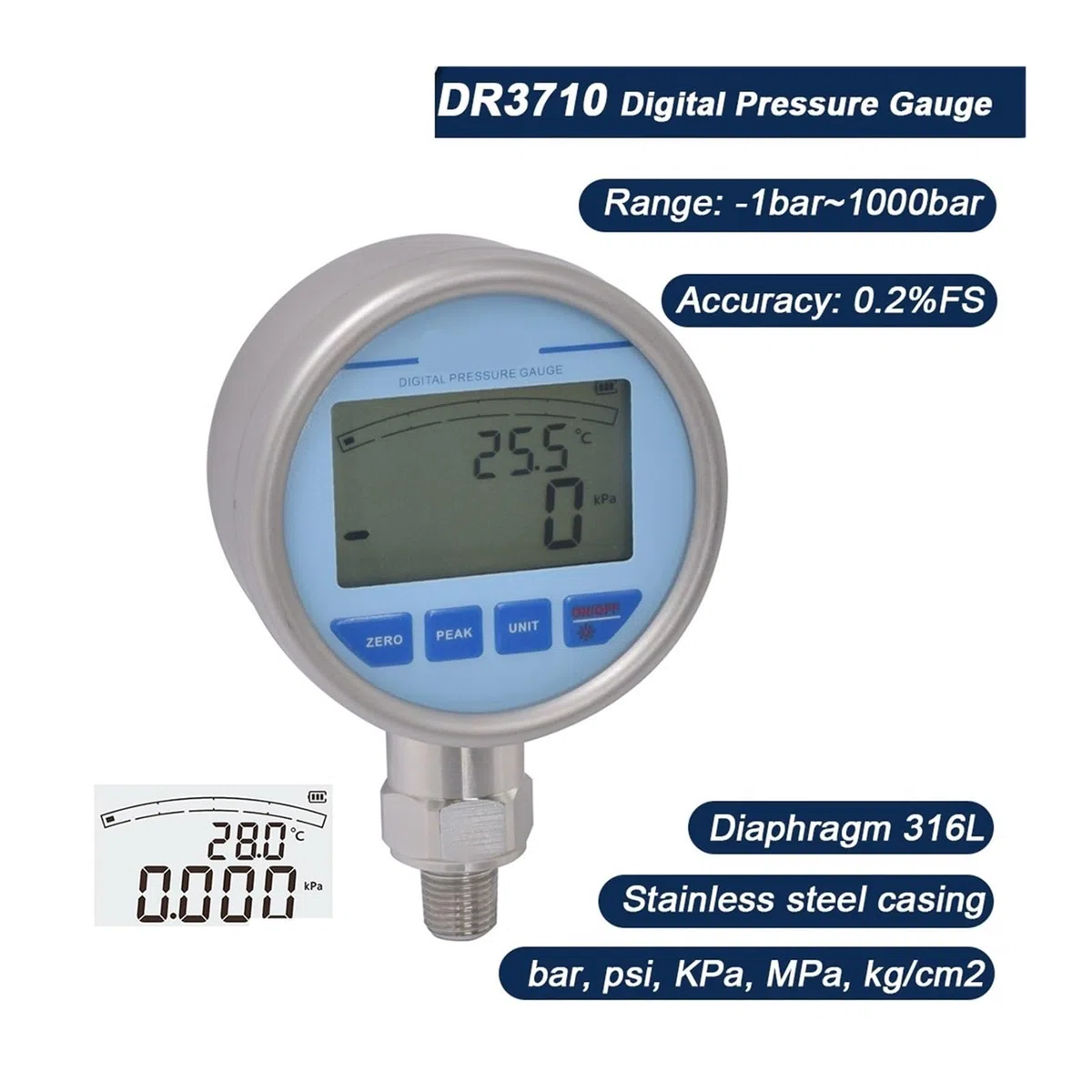 Edelstahl-Manometer, Genauigkeit 0,2% Manometer LCD-Display Temperaturmessung Digitaler Luft-Öl-Wasser-Druck(0-100Mpa)