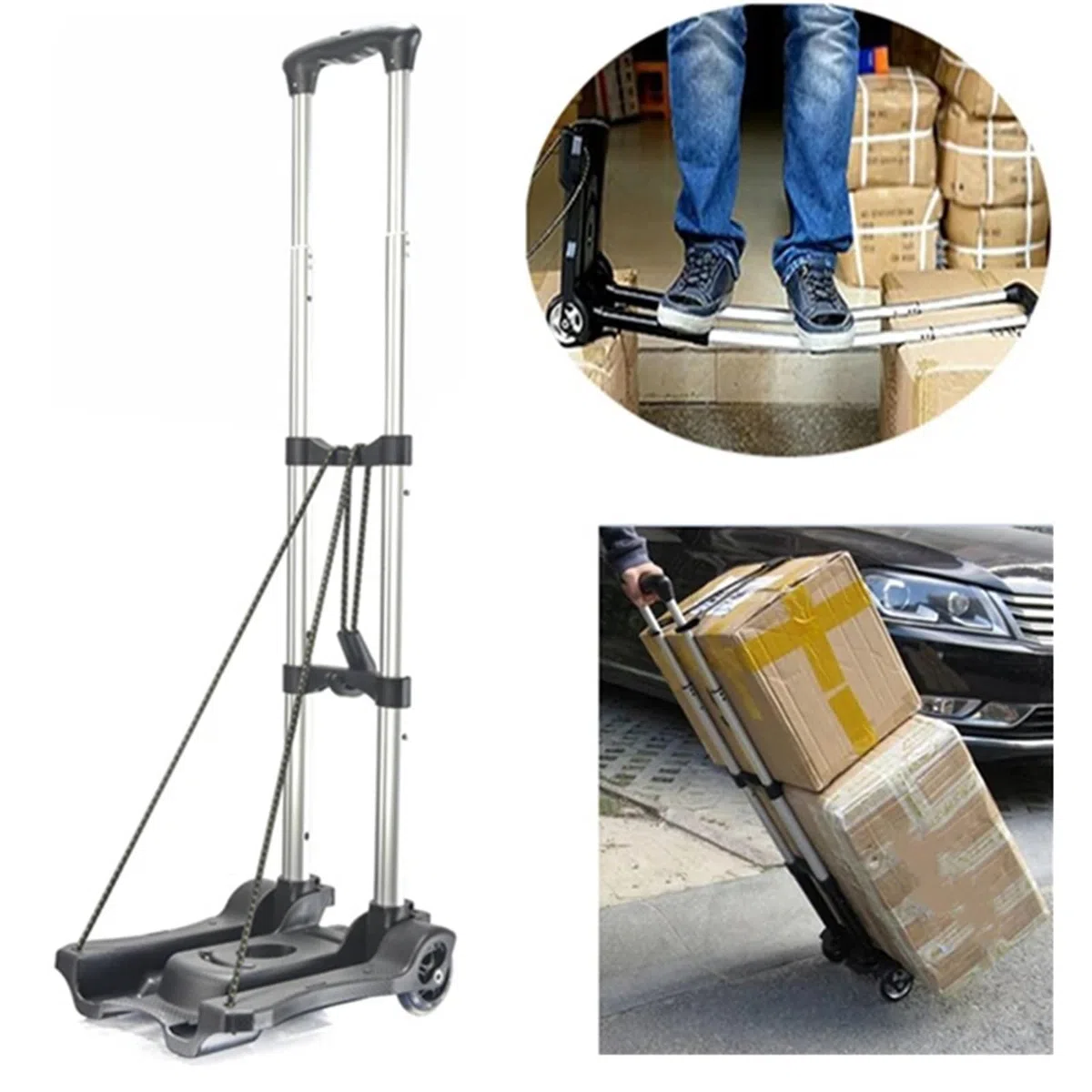 Faltbarer Trolley, Sackkarre, schwarz, klein, leicht, tragbar, Teleskop, Rucksack, Gepäck, Reisen, Umzug, Einkaufen (Schwarz 01)