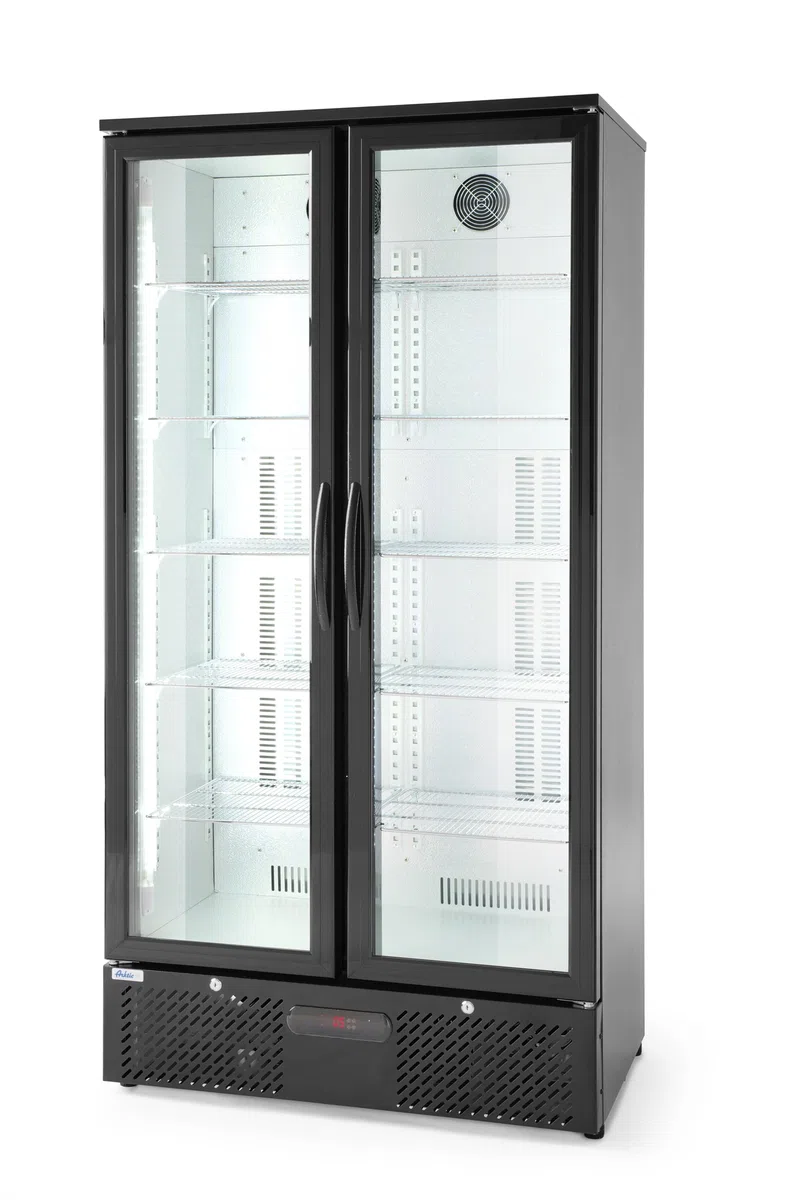 HENDI Getränkekühlschrank, Zweitürig, mit 8 verstellbaren Regalböden, Temperaturbereich: 0° bis 10°C, automatische Abtauung, LED Innenbeleuchtung, 477L, 230V/365W, 900x530x(H) 1820mm, Aluminium, Glas