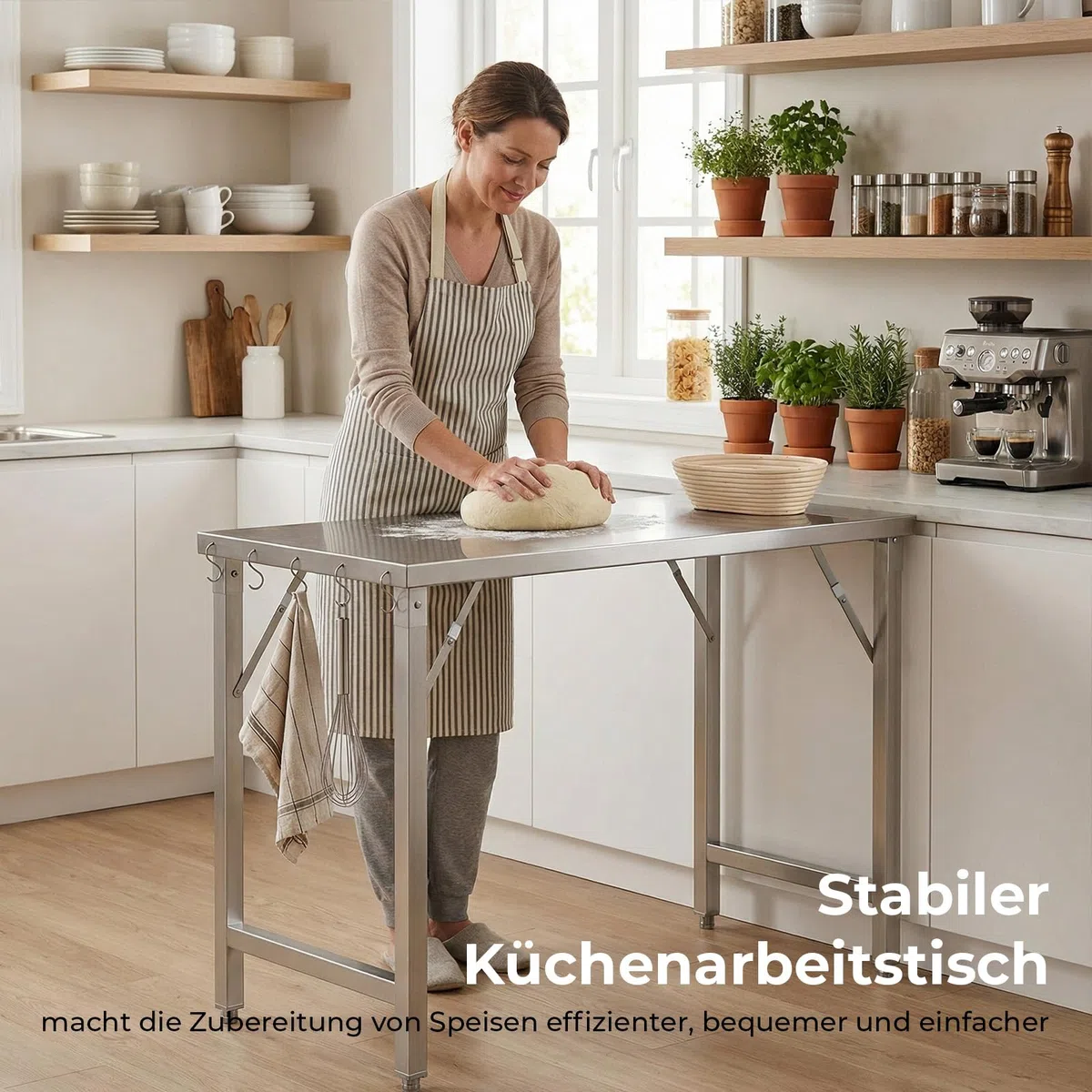 TLSUNNY Edelstahl Arbeitstisch Klappbar 120x60 cm, Edelstahl Klapptisch Outdoor mit 5 Haken, Höhenverstellbare Füße, Tragkraft 250kg, Gastro Küchentisch Grilltisch, Zubereitungstisch, Tisch für Küche