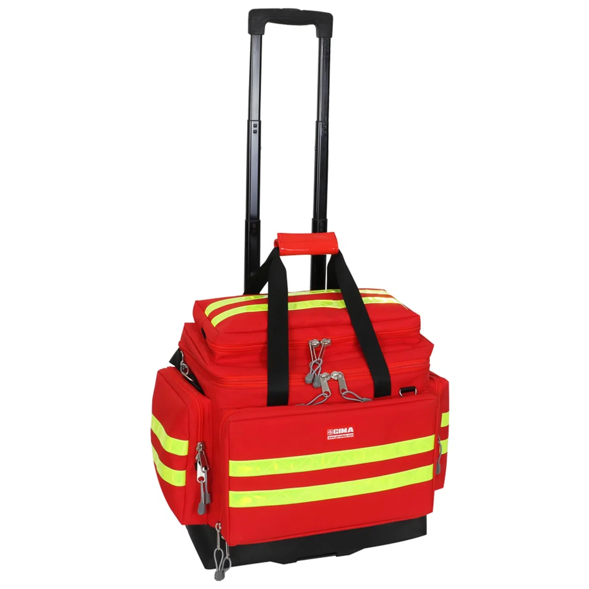 GIMA Smart Notfalltasche mit Trolley Medium, Farbe Rot, doppelte gelbe Streifen, Außentaschen, Innentaschen, abnehmbare Tasche mit transparentem Fenster, Größe 56 x 32,5 x 49 cm