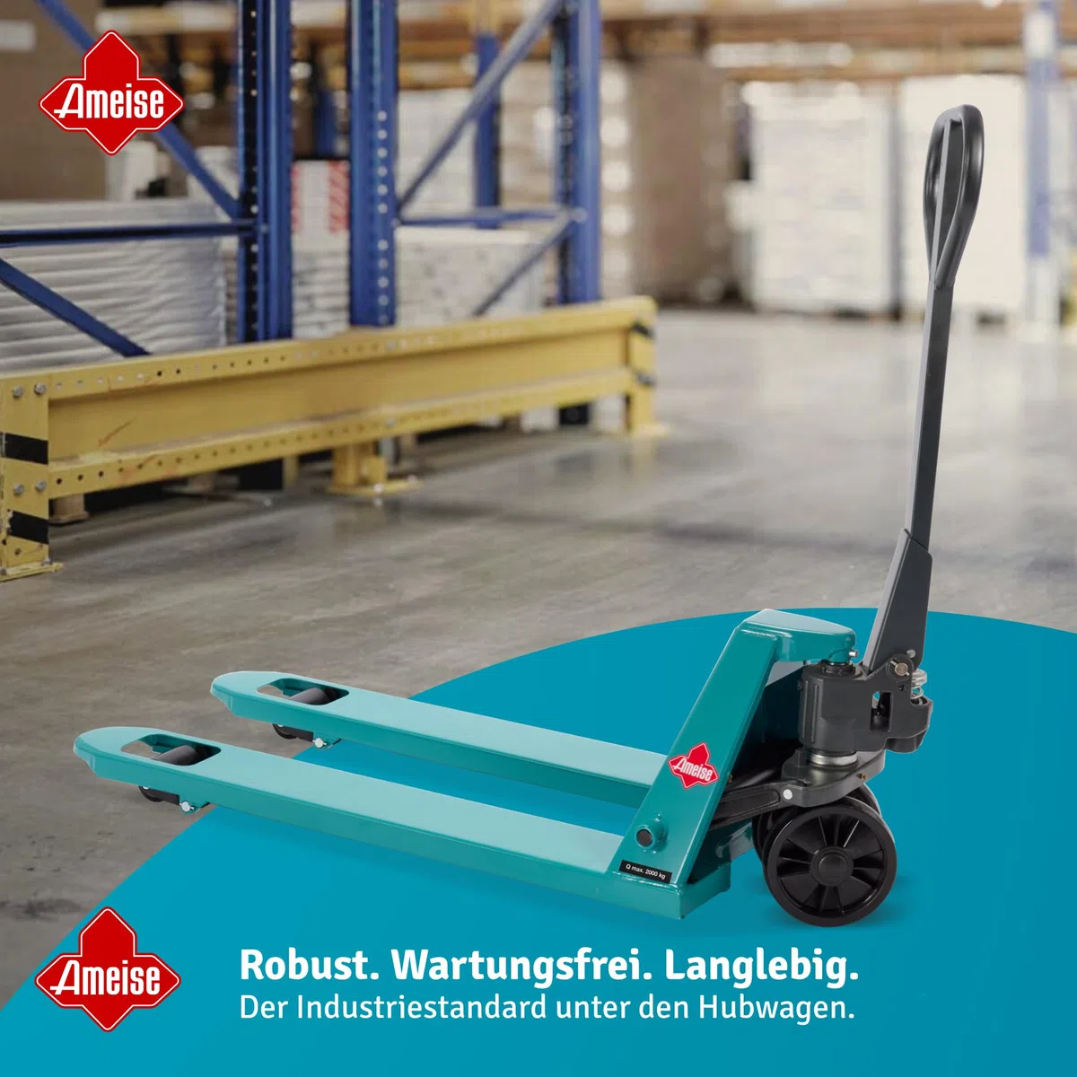 Ameise Hubwagen PTM | 2.000 kg Tragkraft | 1.150 mm Gabellänge | Lenkrad/Gabelrolle aus robustem Polyurethan | Einfach-Gabelrollen | Palettenhubwagen