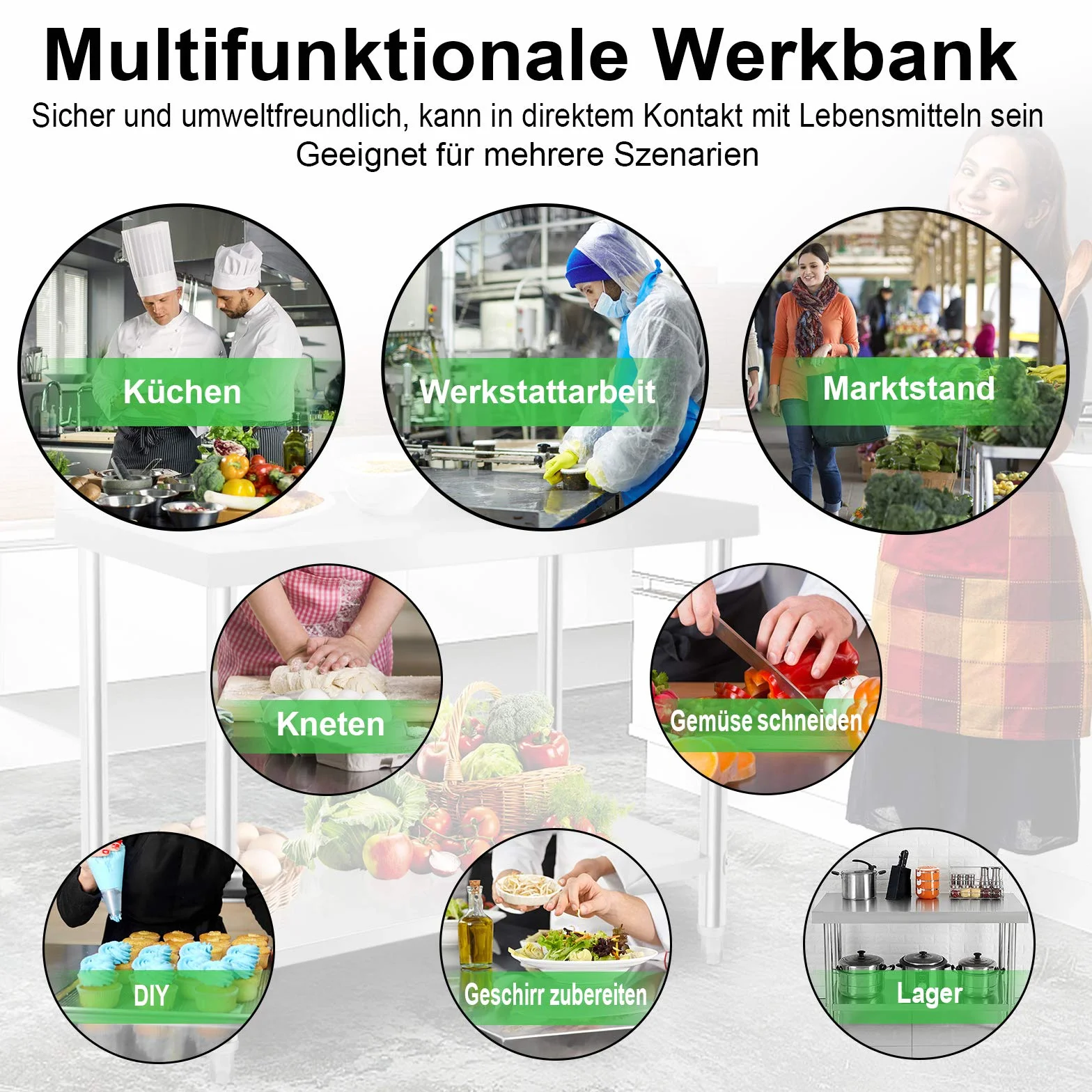 Edelstahltisch Edelstahl Arbeitstisch mit Verstellbare Füße Gastro Tisch Zubereitungstisch Zerlegetisch Küchenmöbel für Restaurant Bar, Silber(mit Aufkantung, 120x60x85cm)