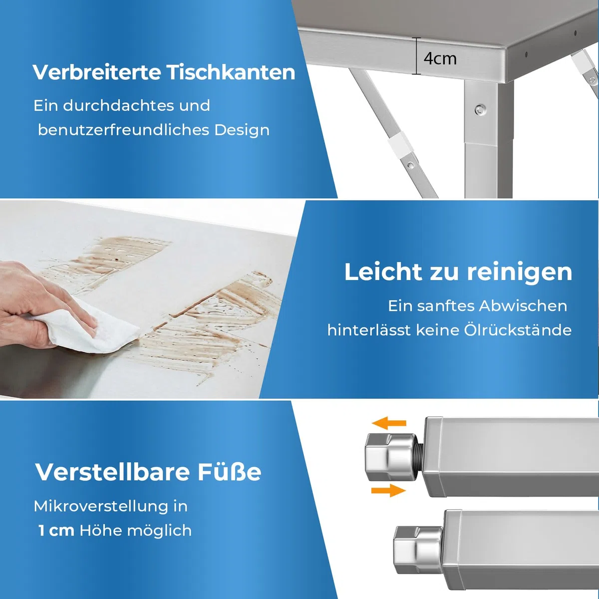 TLSUNNY Edelstahl Arbeitstisch Klappbar 120x60 cm, Edelstahl Klapptisch Outdoor mit 5 Haken, Höhenverstellbare Füße, Tragkraft 250kg, Gastro Küchentisch Grilltisch, Zubereitungstisch, Tisch für Küche