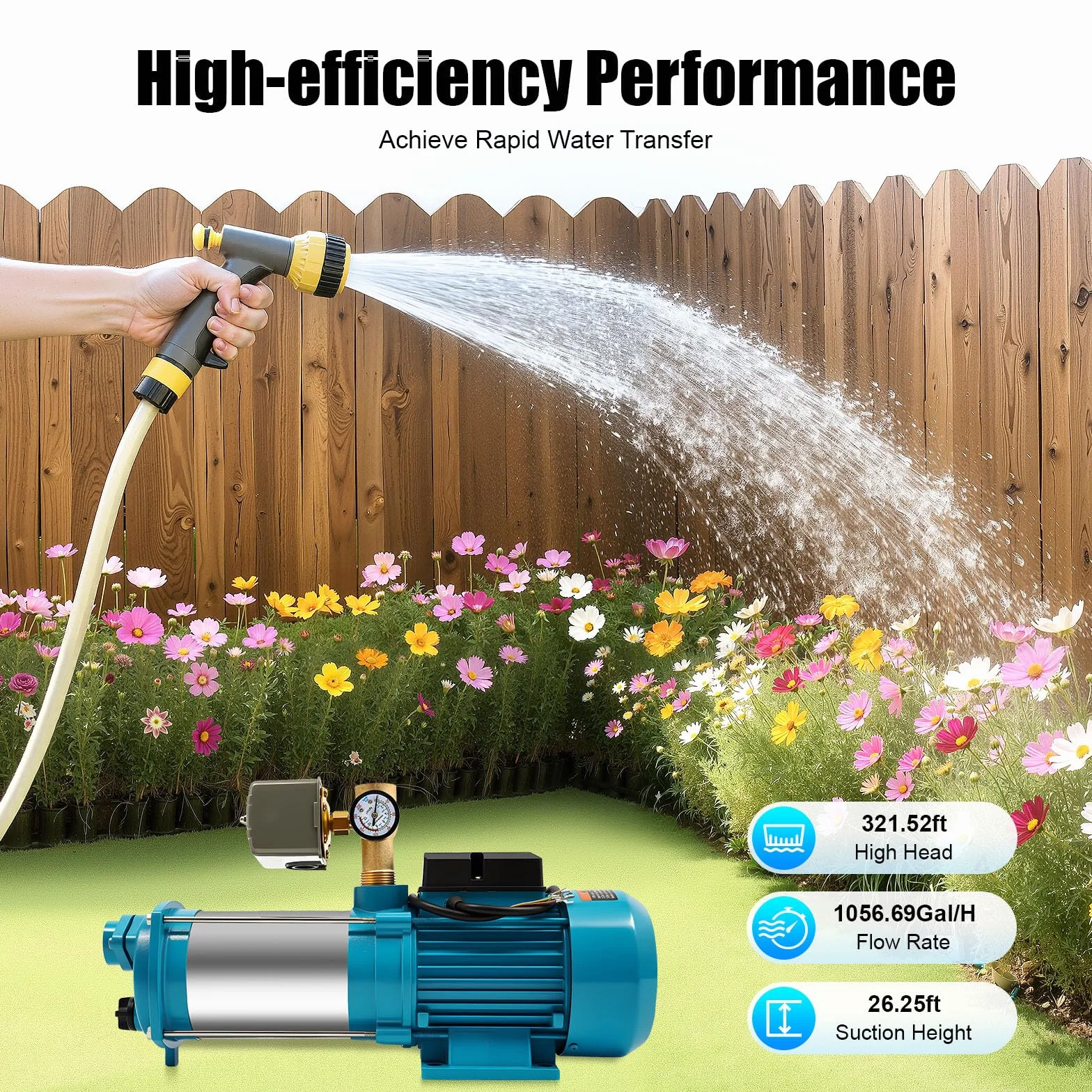 Gartenpumpe Selbstansaugend, Profi Kreiselpumpe 1300W 9,8 bar, Wasserpumpe 4000 L/H, Edelstahlpumpe für Hauswasserwerke, IP 44 Schutzklasse, Zur Bewässerung des Garten/Rasen/Landwirtschaftliche