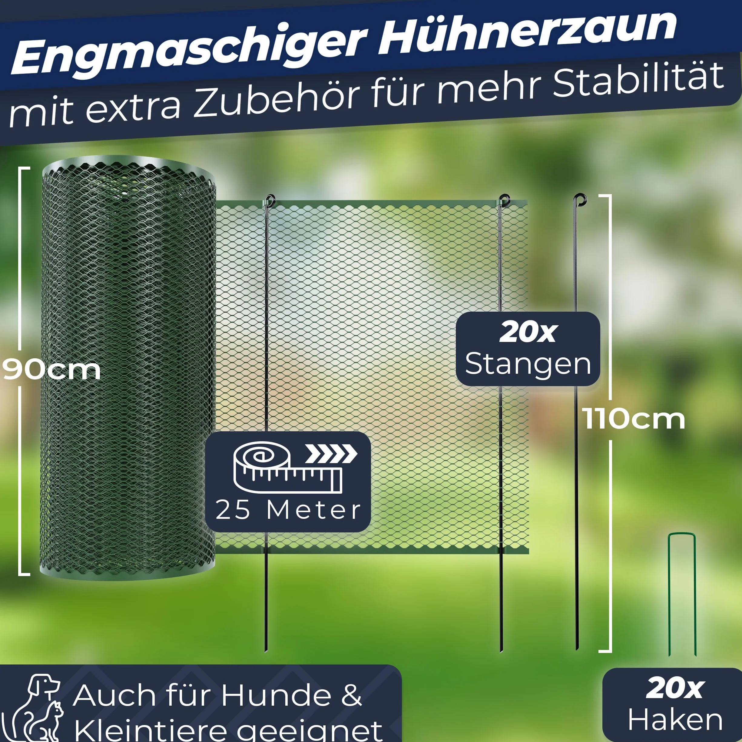 Hühnerzaun I 90cm hoch I 25m lang I Der Zaun für Hunde oder Kleintiere ist besonders engmaschig, stabil - kein Durchhängen I 20x Befestigungen I Hundezaun Garten - Grün