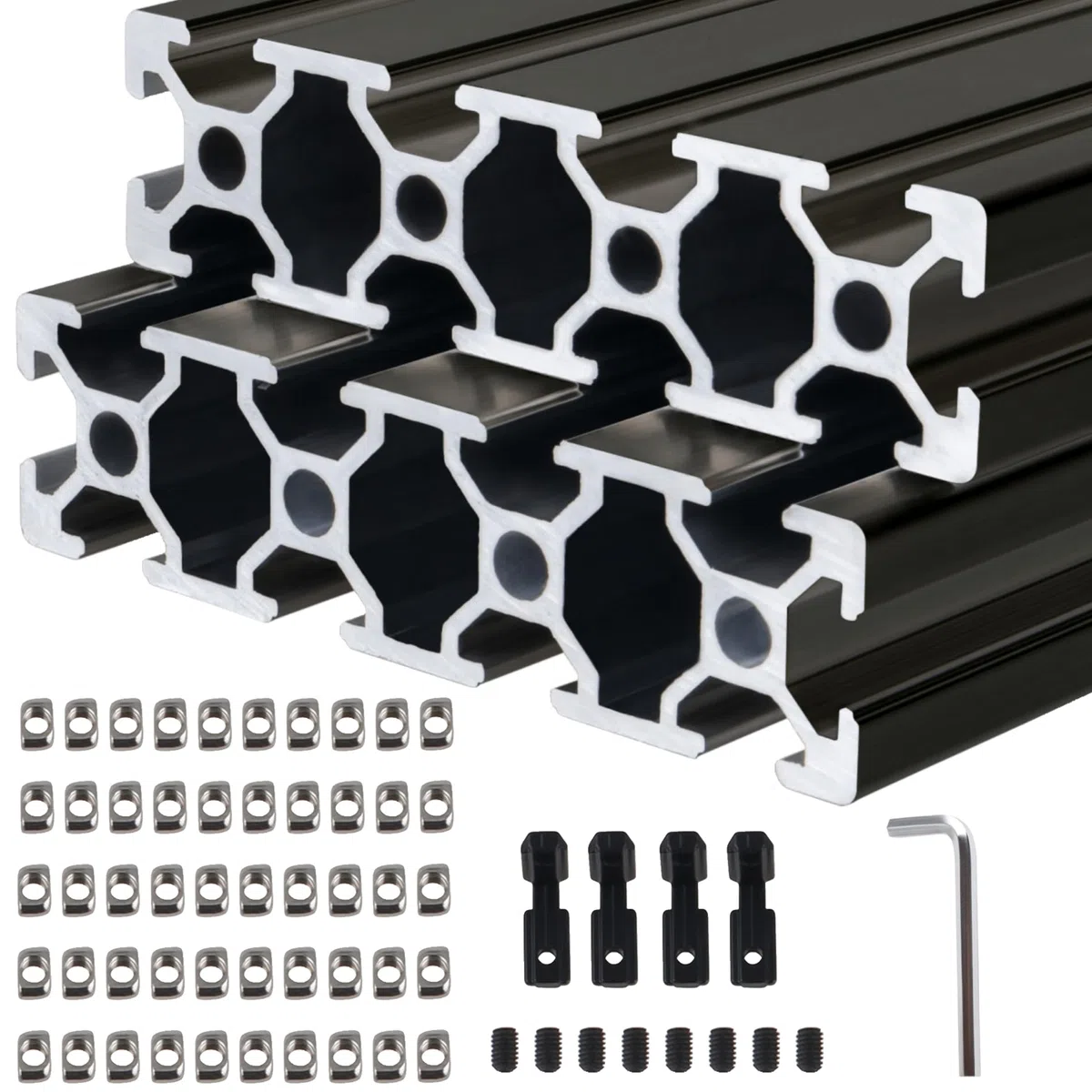 Aluprofil 2080 T Typ Schwarz 1500mm Aluminiumprofil Extrusions Europäischer Standard Eloxierte Linearschiene 20x80 Alu Profil mit L-Winkelverbinder & T-Mutter für 3D-Drucker, CNC