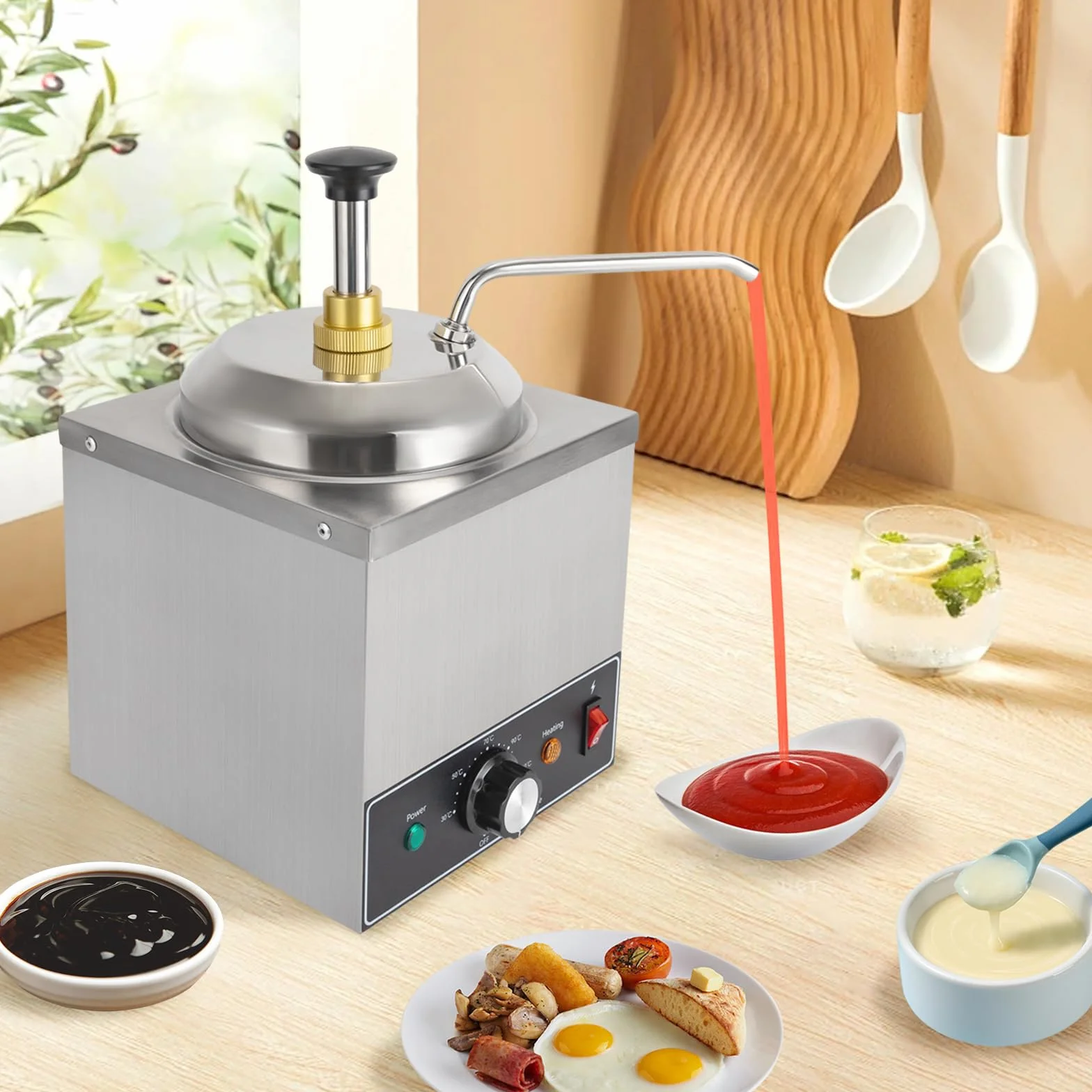 Edelstahl Saucenspender, 2 Liter Elektrisch Soßenspender Pumpe mit Einstellbare Temperatur, 650W Schokoladenspender Gewürzspender für Buffet Restaurant Catering
