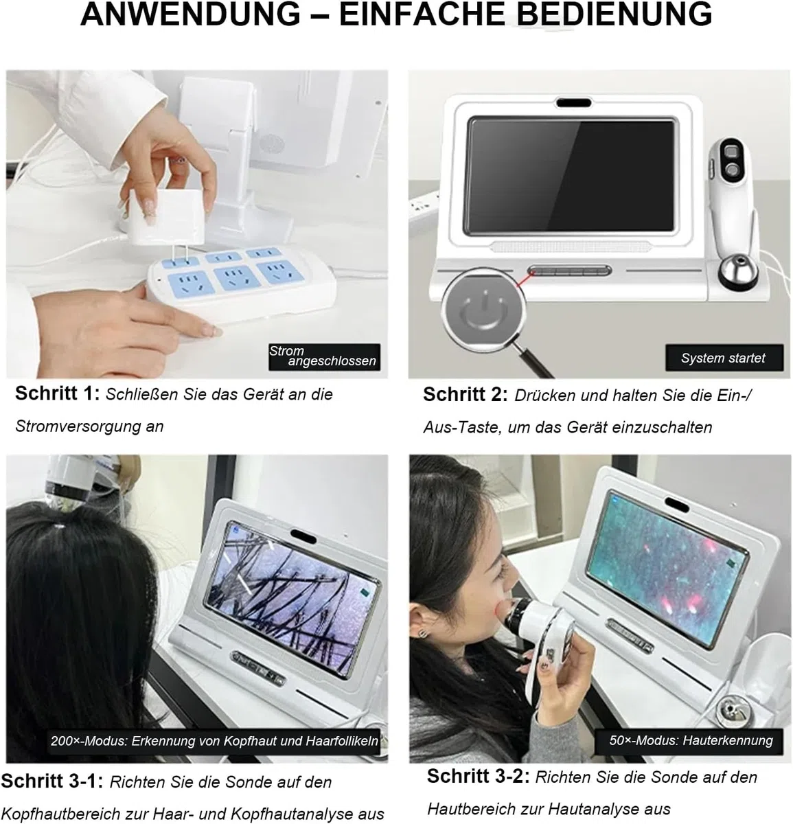 Haut und Kopfhaut Analysegerät 11 Zoll HD Display Haar Kopfhaut Kamera 200x und 50x Vergrösserung UV Licht Polarisationslicht Vier Bilder Vergleich Haarfollikel Detektor Profi Salon Klinik