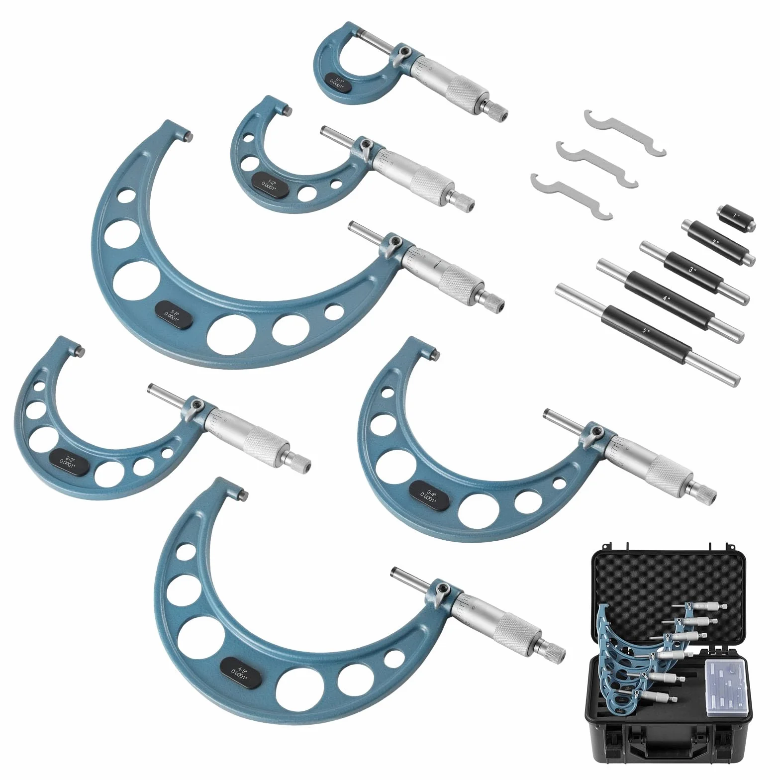 VEVOR Bügelmessschraube 4-tlg. Set, Mikrometer mit Messgenauigkeit von 0,0001/0,0002 Zoll, Messschraube für Metallbearbeitung & Maschinenbau, mit Schutzkoffer, 0-1/1-2/2-3/3-4/4-5/5-6 Zoll