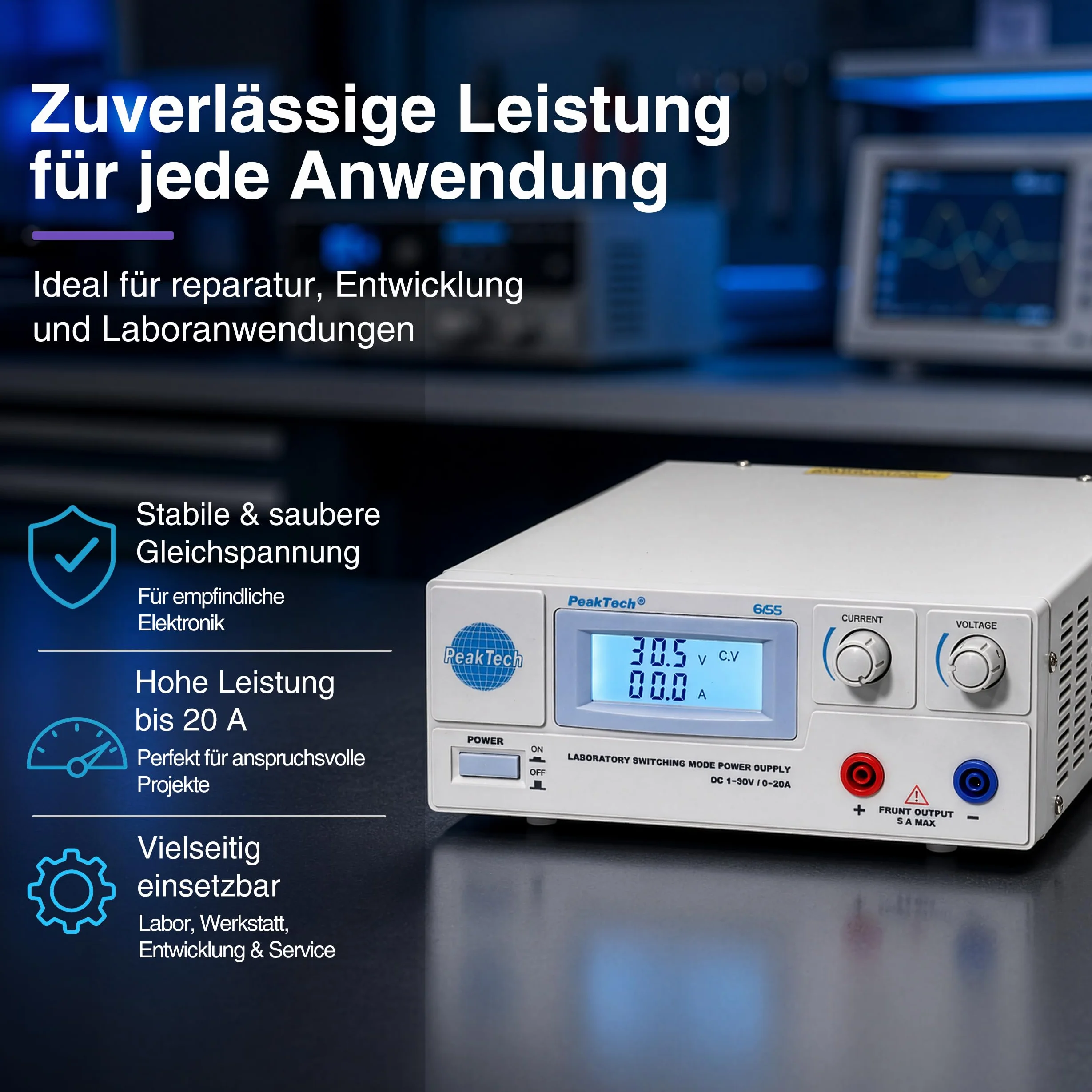 Peak Tech P 6155 – Digitales Labor Netzteil C 1-30 V/ 0-20A mit beleuchteter LCD Anzeige, Zuverlässsiges Schalt Netzgerät, Überspannungsschutz, DC Ausgang, Ausgangsleistung: 600 W - 214 x 87 x 336 mm