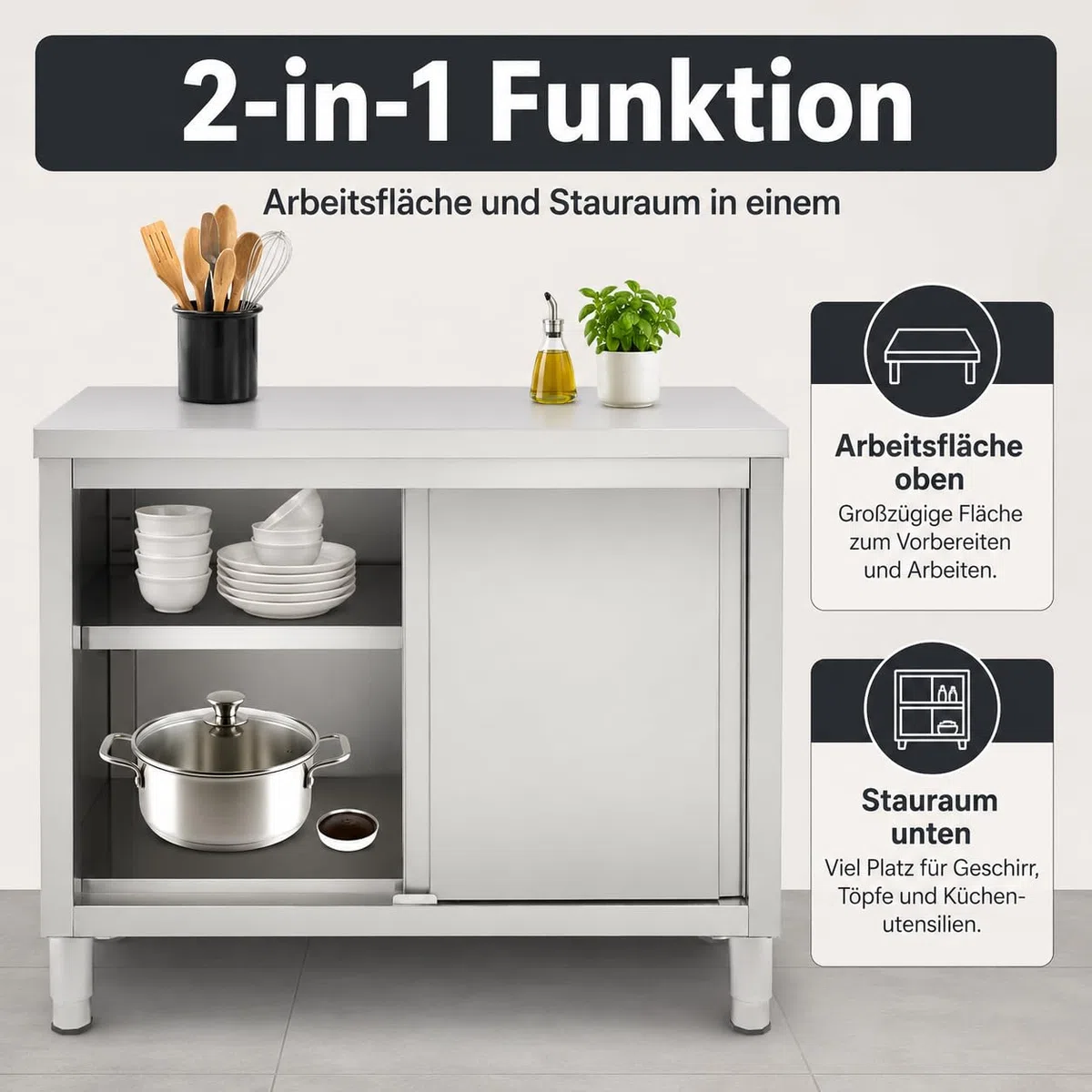 Outdoor Küche Edelstahl, 100x50x86cm Edelstahl Schrank mit Schiebetüren und Arbeitsplatte, 5-20 cm Verstellbare Höhenlagerung Bodenstehend Arbeitsschrank Küchenarbeitstisch für Küche, Garage, Kantinen