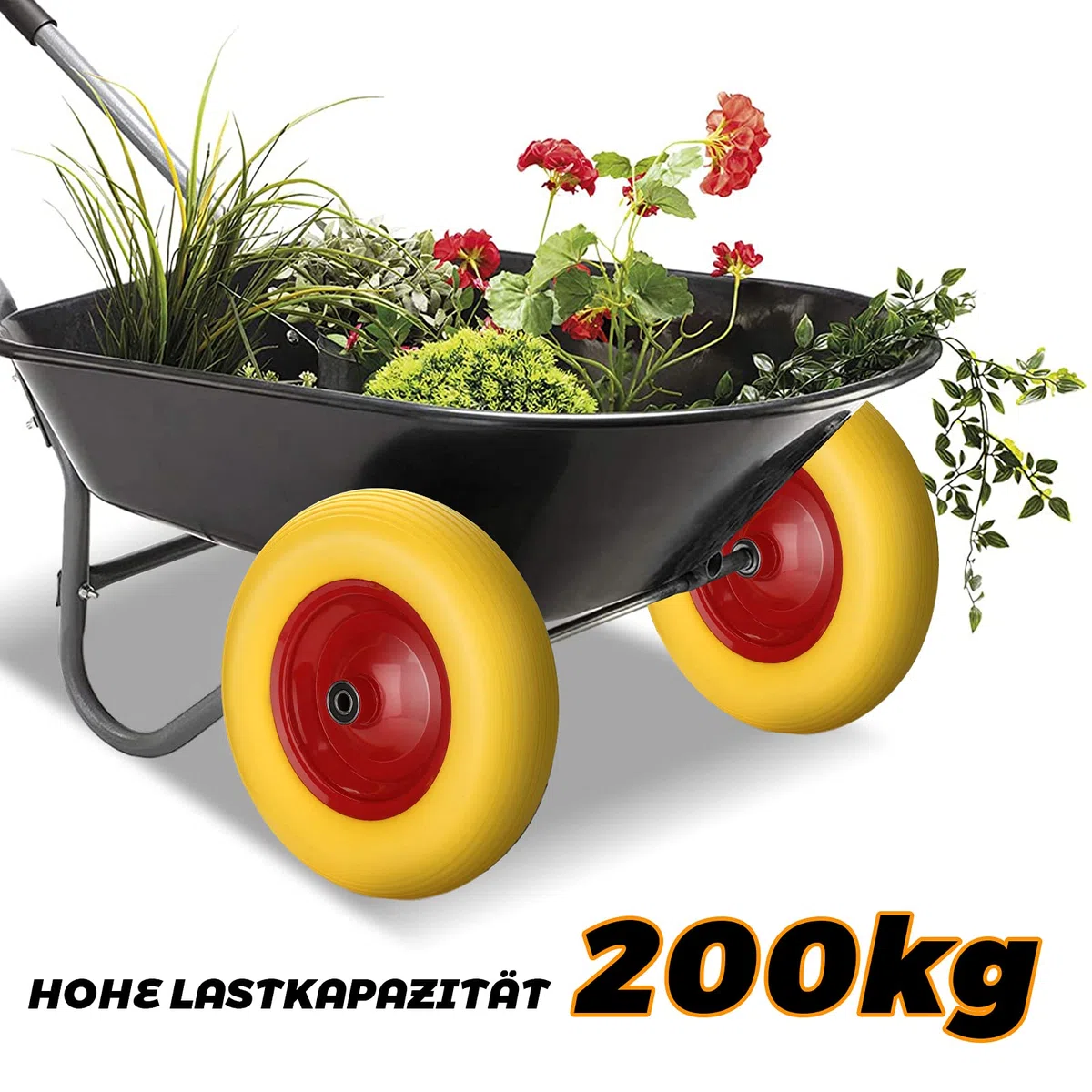 2x Sackkarrenrad PU Schubkarrenrad Vollgummi 4.80/4.00-8 Ø 390mm 200 kg inkl.Pannensichere Vollgummireifen mit Achse, Gelb-Rot