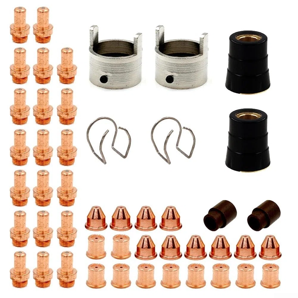 48-teiliges Plasmabrenner Verbrauchsmaterial-Set mit kurzen Elektrodenspitzen, Düsen, Wirbelringen, Taschenlampenabdeckungen und Federführungen, kompatibel mit Eastwood für Versa 60A CB70 Schweißen