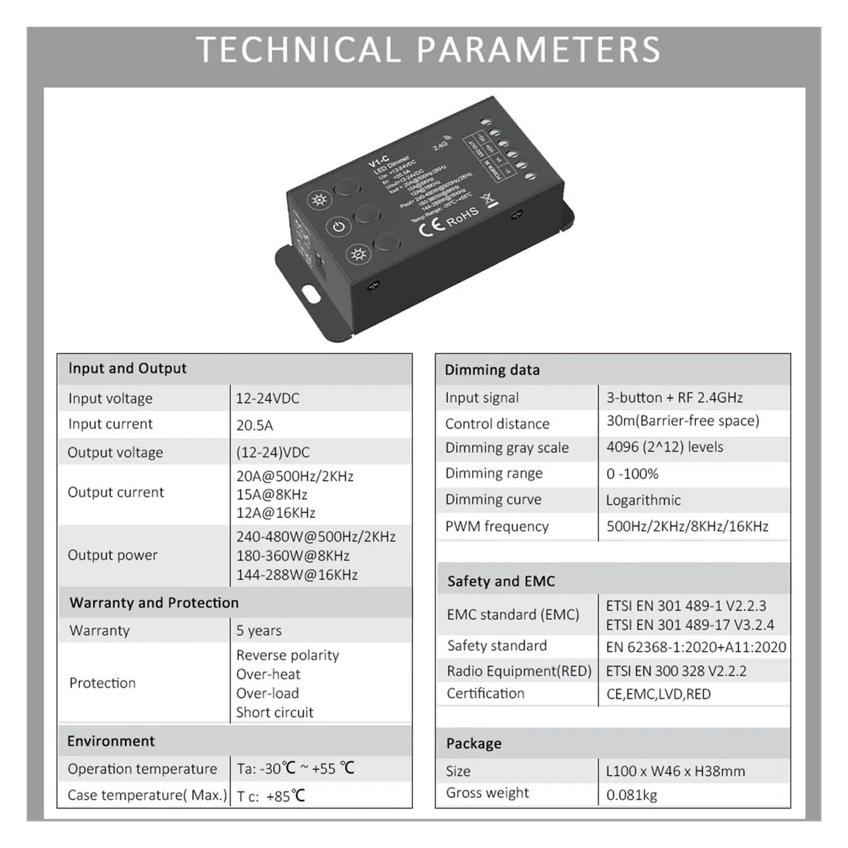 V1-C LED-Dimmer, 12 V, 24 V, PWM-Frequenz einstellbar, 2,4 G RF, Touch-Fernbedienung, einfarbige LED-Lichtleiste, 12-Volt-Dimmer(V1-C and R1 Set)