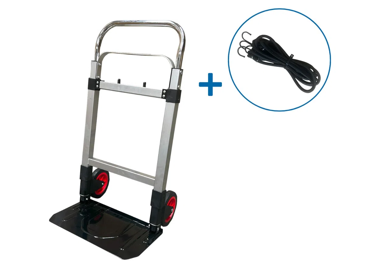 Klappbare Transportkarre Elastisches Spannseil - Tragkraft 90 kg - Höhenverstellbarer Griff - Vollgummireifen - Zusammenklappbare Ladefläche/Handkarre/Sackkarre