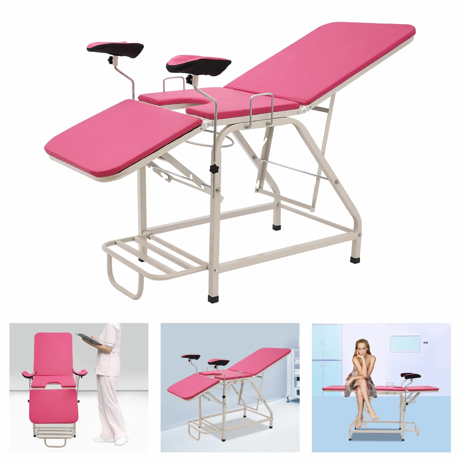 Gynäkologischer Stuhl Höhe 80cm GYN Stuhl mit 0°-65° Rückenlehne und 0°-90° Beinbrett privater Pflegestuhl bis150kg Pflegeausrüstungstuhl für Frauen (Rosa)