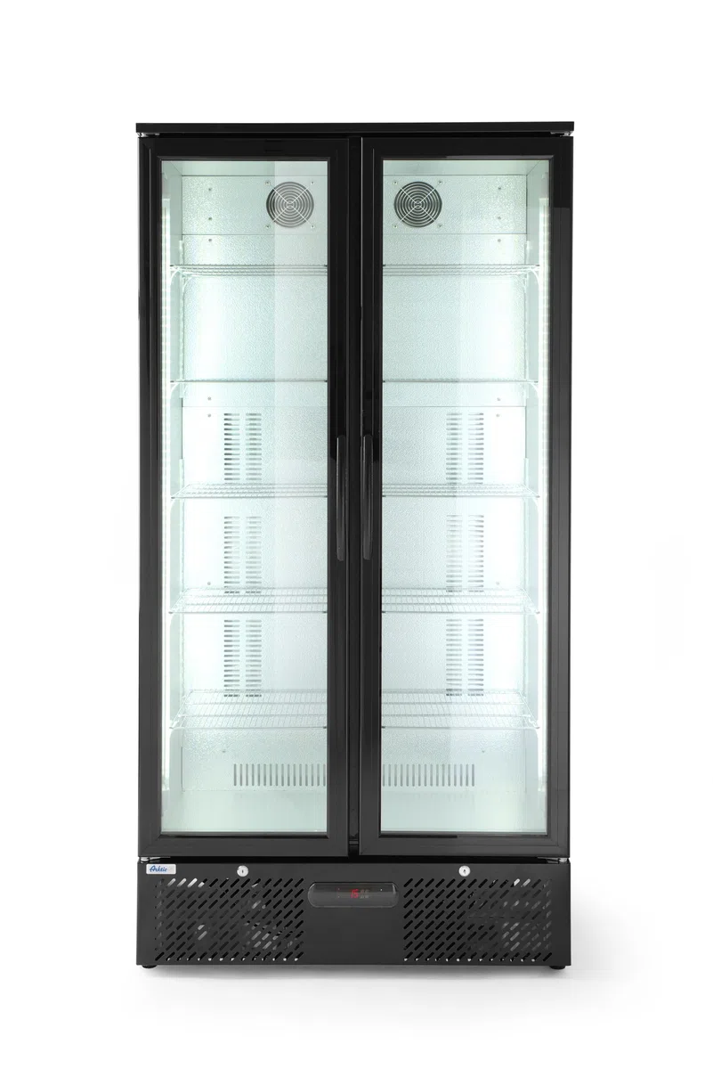 HENDI Getränkekühlschrank, Zweitürig, mit 8 verstellbaren Regalböden, Temperaturbereich: 0° bis 10°C, automatische Abtauung, LED Innenbeleuchtung, 477L, 230V/365W, 900x530x(H) 1820mm, Aluminium, Glas