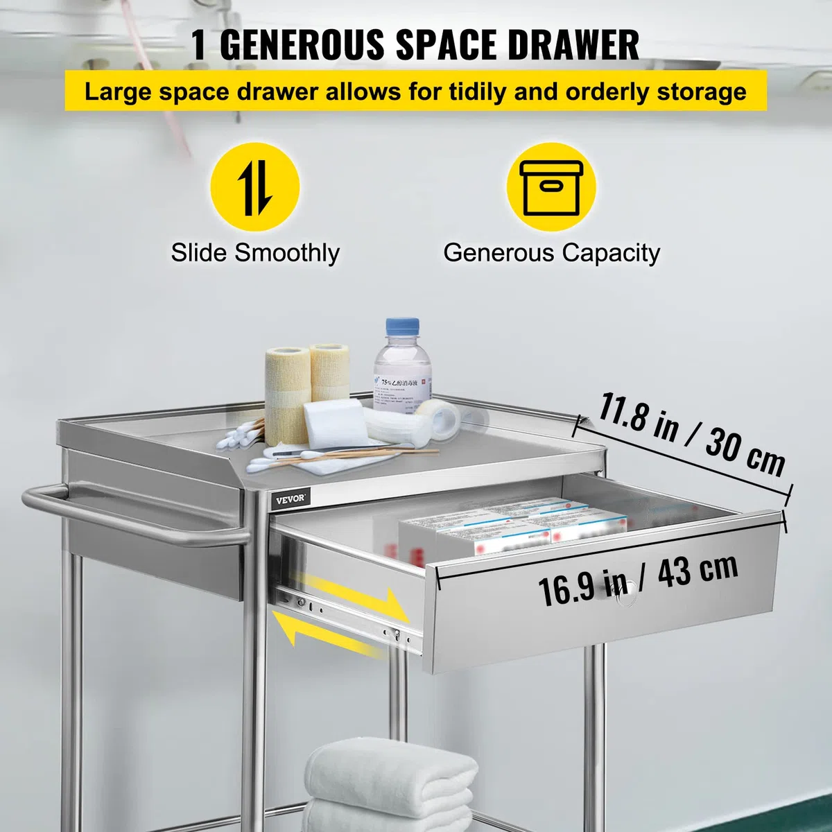 VEVOR 2 Böden mit 1 Schublade Servierwagen Edelstahl Serving Lab Trolley Laborwagen Tragbar Abräumwagen Medical Dental Lab Cart Transpo1 Schublade, Mittel