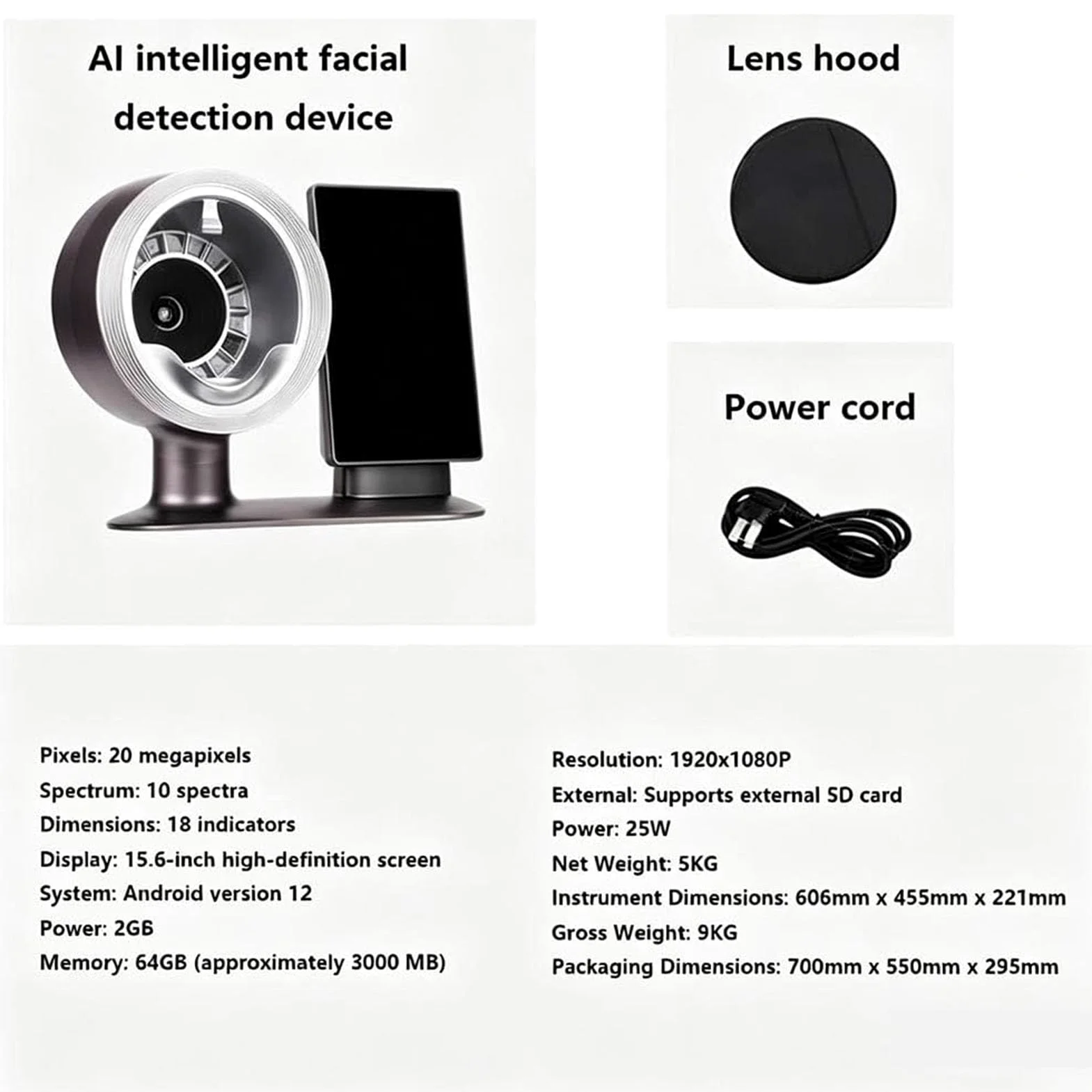 Gesichtsanalyse-Instrument | AI Smart Gesichtshaut Analysegerät | 10 Spektrumanalyse | 20 Megapixel | inklusive Gegenlichtblende | 18 Testartikel | Hautsymptomvorhersage