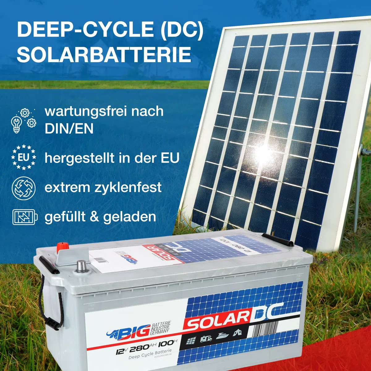 BIG Solarbatterie 12V 280Ah C100 (Versorgungsbatterie) - Professional Solar DC Batterie (12 Volt) für Photovoltaik-Inselanlage & Solaranlage für Wohnmobil, Gartenhaus, Camping & Co.
