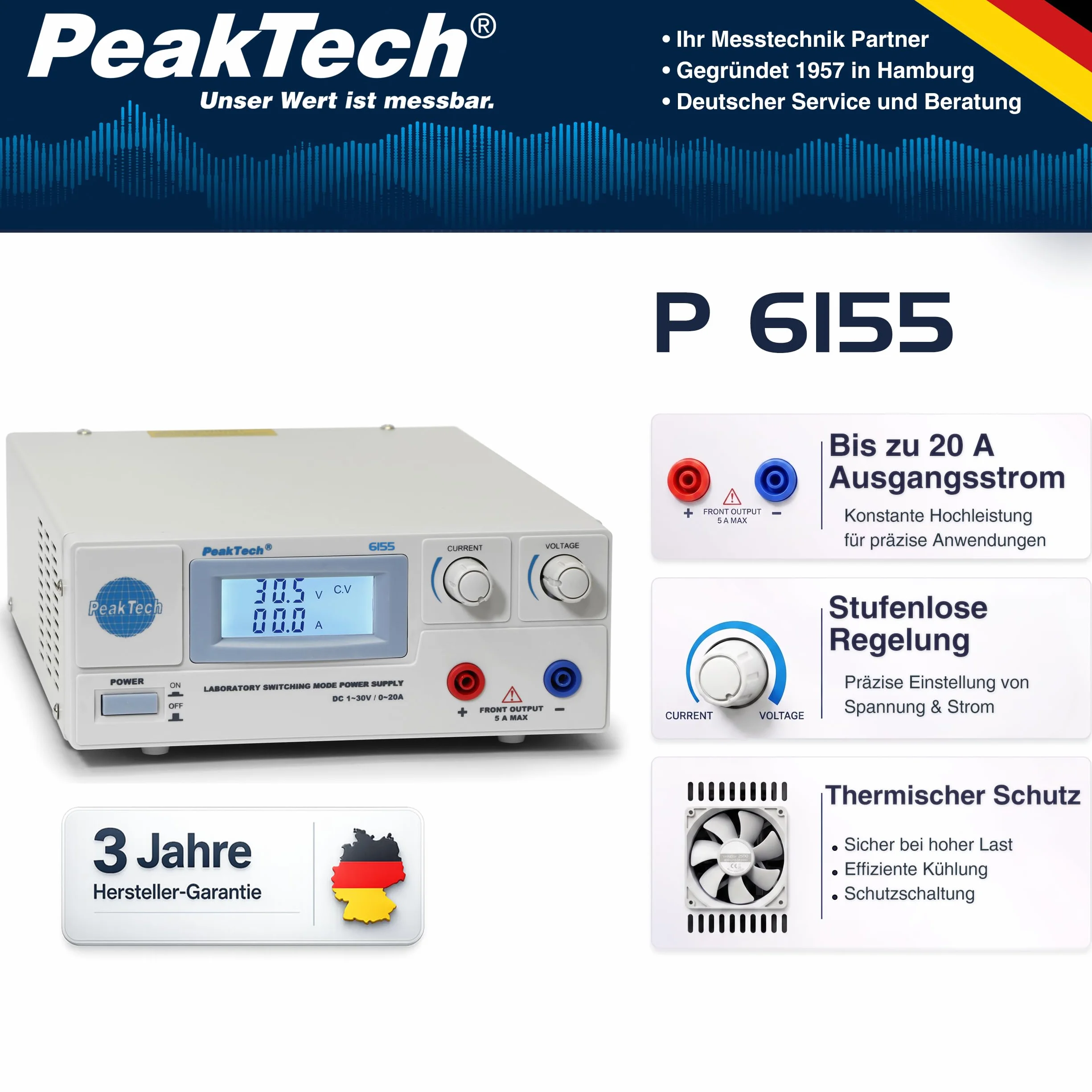 Peak Tech P 6155 – Digitales Labor Netzteil C 1-30 V/ 0-20A mit beleuchteter LCD Anzeige, Zuverlässsiges Schalt Netzgerät, Überspannungsschutz, DC Ausgang, Ausgangsleistung: 600 W - 214 x 87 x 336 mm