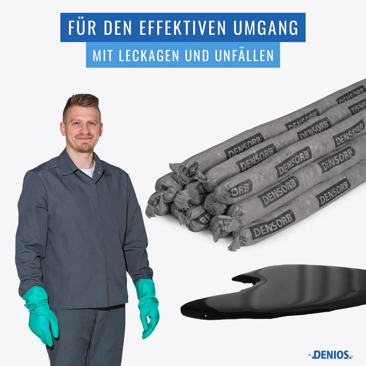DENSORB Universalbindemittel Aufsaug-Schlangen zum Eindämmen von Leckagen, Länge 1,8 m, 12 Stück