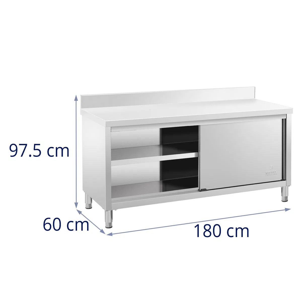 Royal Catering Arbeitstisch Edelstahltisch mit Unterschrank 180 x 60 cm mit Aufkantung bis 500 kg höhenverstellbare Füße Edelstahl-Tisch Arbeitsschrank Edelstahl Gastro-Edelstahlschrank