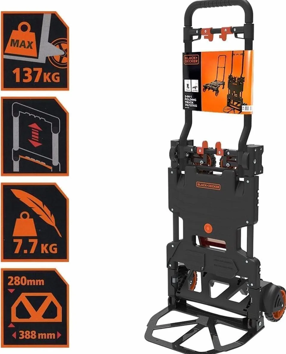 BLACK+DECKER 2-in-1 Sackkarre und Plattformwagen - Transportkarre max. 55KG - Transportwagen max. 120KG - Klappbarer Handwagen - Wagen mit robusten Rädern - Kunststoff/Stahl