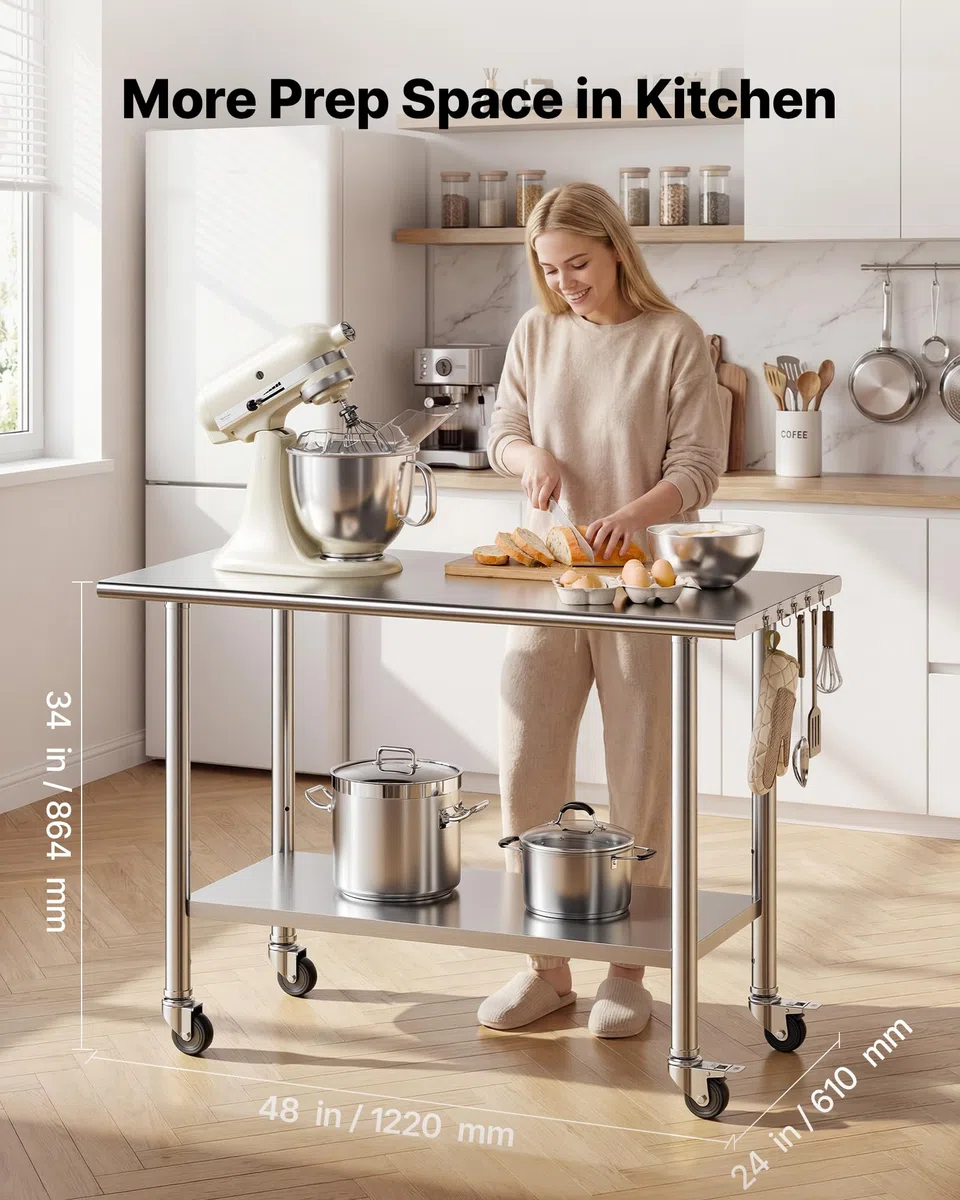 VEVOR Edelstahltisch Gastro 1220 x 610 x 864 mm, Verstellbarer Edelstahltisch mit Rollen Gewerblicher Arbeitstisch mit Grundboden für Restaurant Schwerlast Obere Ablage (245 kg) Untere Ablage (204 kg)