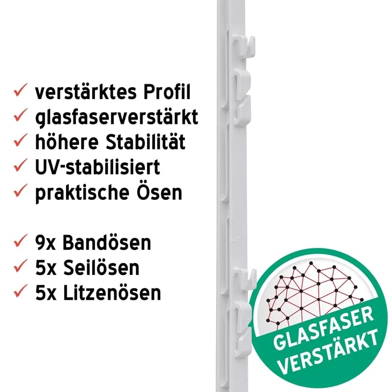 VOSS.farming 20x Weidezaunpfähle, Kunststoff, 150 cm, 14 Ösen, weiß