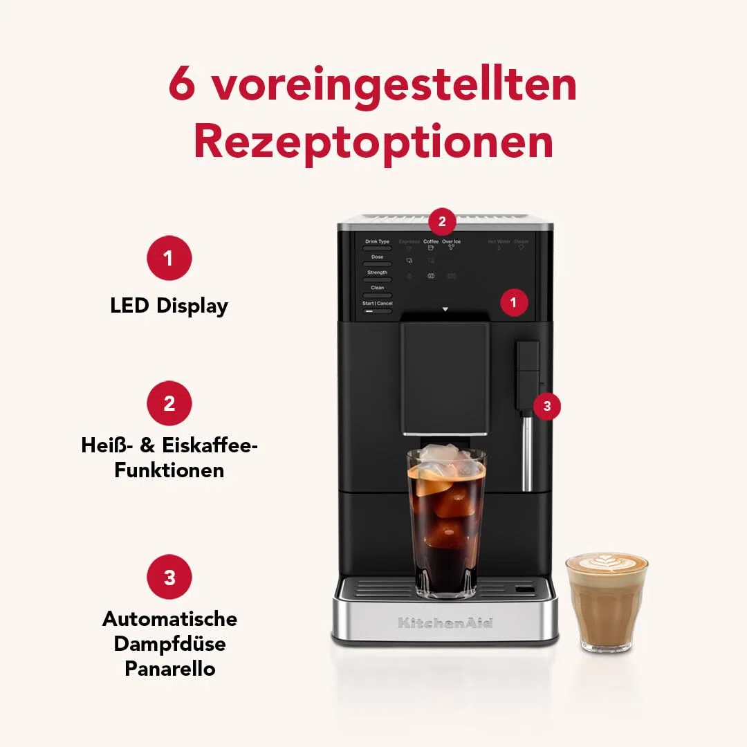 KitchenAid KF2 Kaffeevollautomat 5KES8452 mit Iced Coffee-Funktion, IntelliGrind-Mahlwerk, Panarello-Dampfdüse, LED-Display, 15-18 Bar, Matt Schwarz | Iced Coffee-Funktion, IntelliGrind-Mahlwerk, Panarello-Dampfdüse, LED-Display, 15-18 Bar