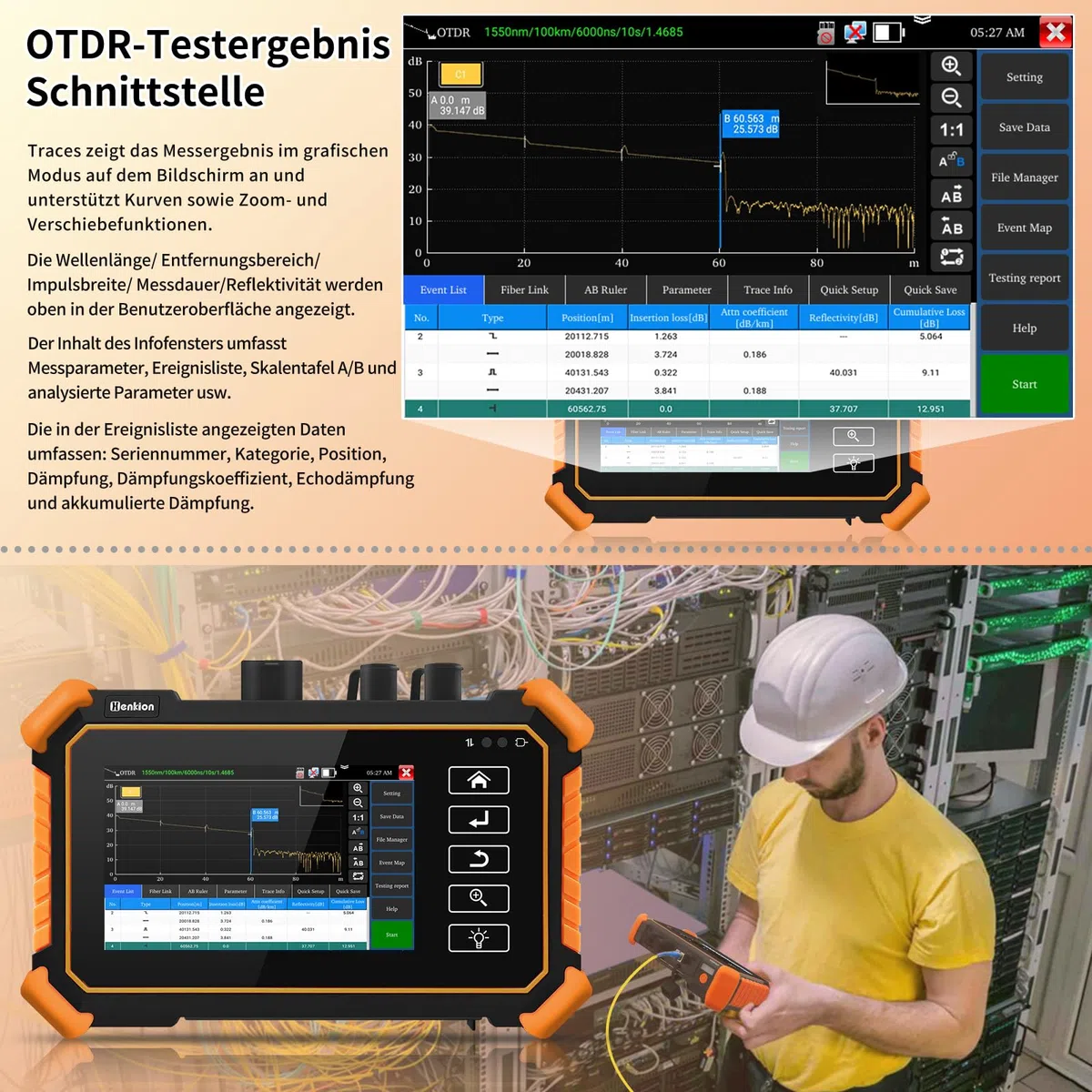 Henkion OTDR Fiber Optic Tester 1550nm 26/24dB, Glasfasertester unterstützt OPM, LS, OLS, VFL, Ereigniskarte, UTP/RJ45 TDR kabeltest/Längenkabeltester, Netzwerktester, 8 Faseradapter, FTP/Bericht