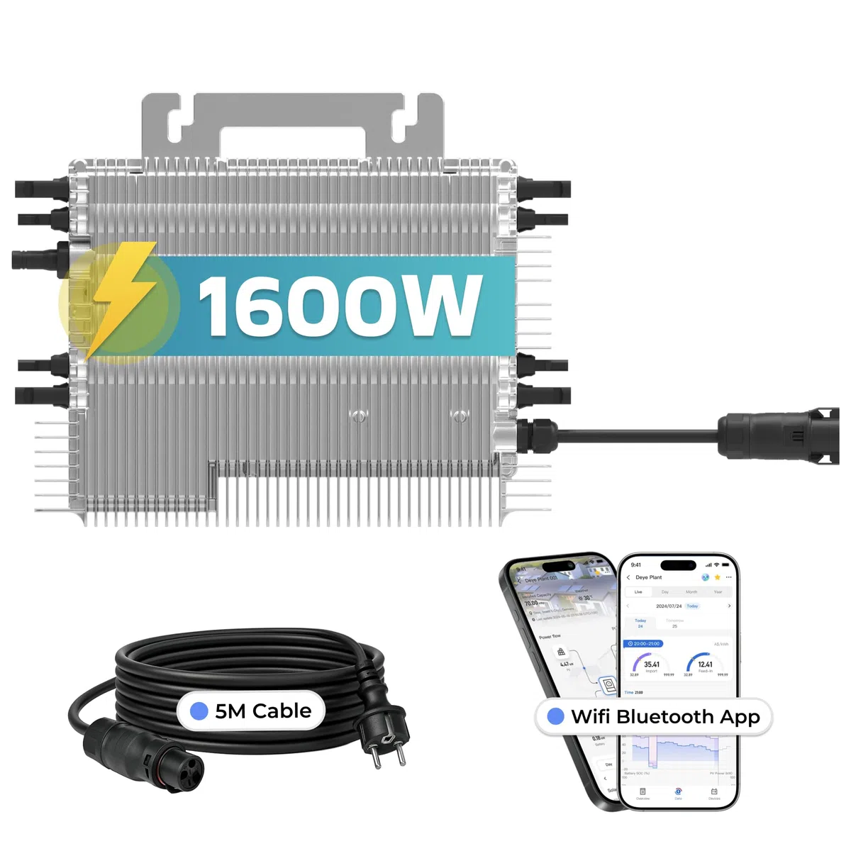 DEYE Mikro-Wechselrichter 1600 W SUN-M160G4-EU-Q0 inkl. 5m Anschlusskabel für Mini-PV Solaranlage Balkonkraftwerk, IP67 wetterfest, 4 MPPT, WiFi, Micro Inverter
