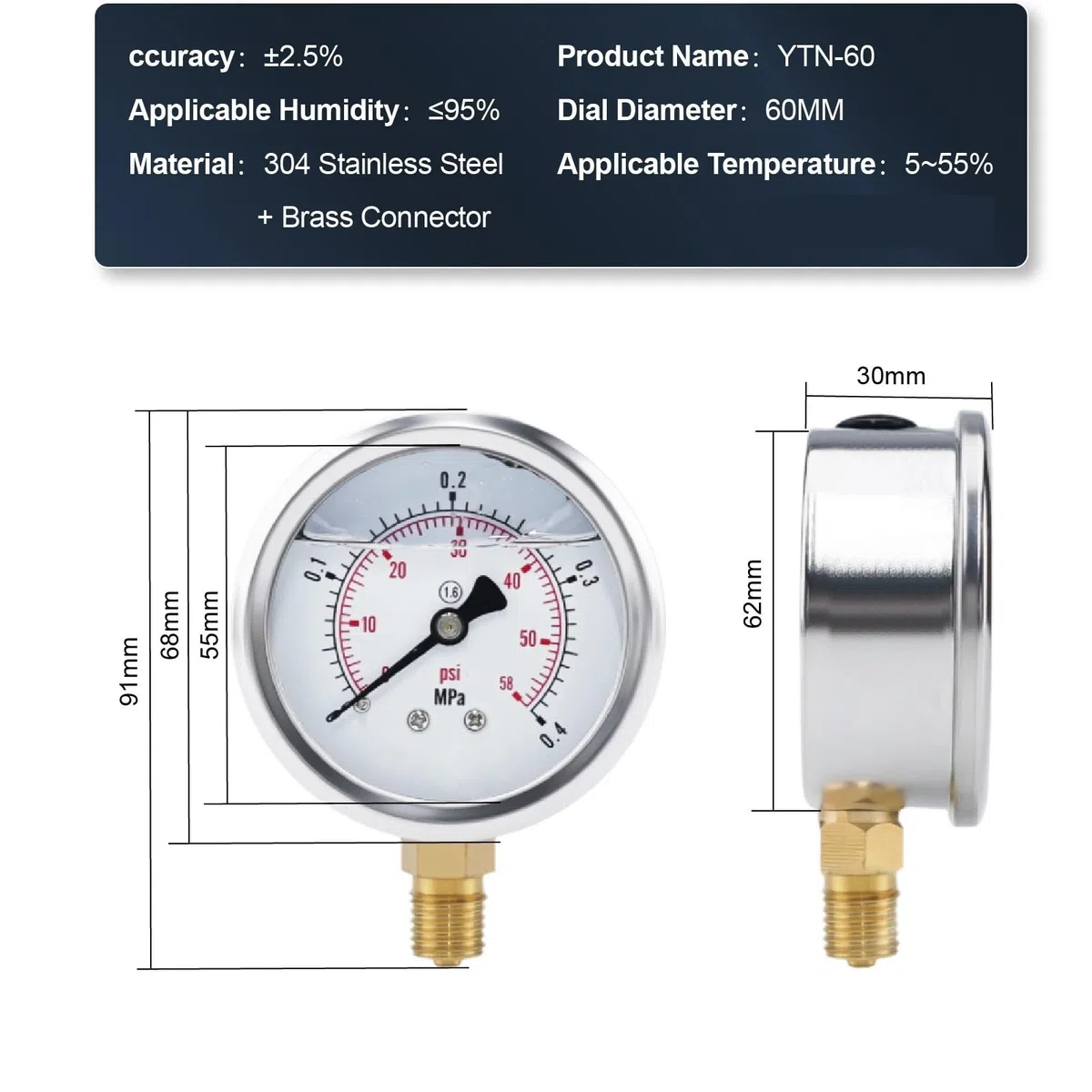 Digitales Manometer aus Edelstahl, YTN60 60mm Manometer G1/2-0,1 MPa-0-60 MPa(0-60Mpa)