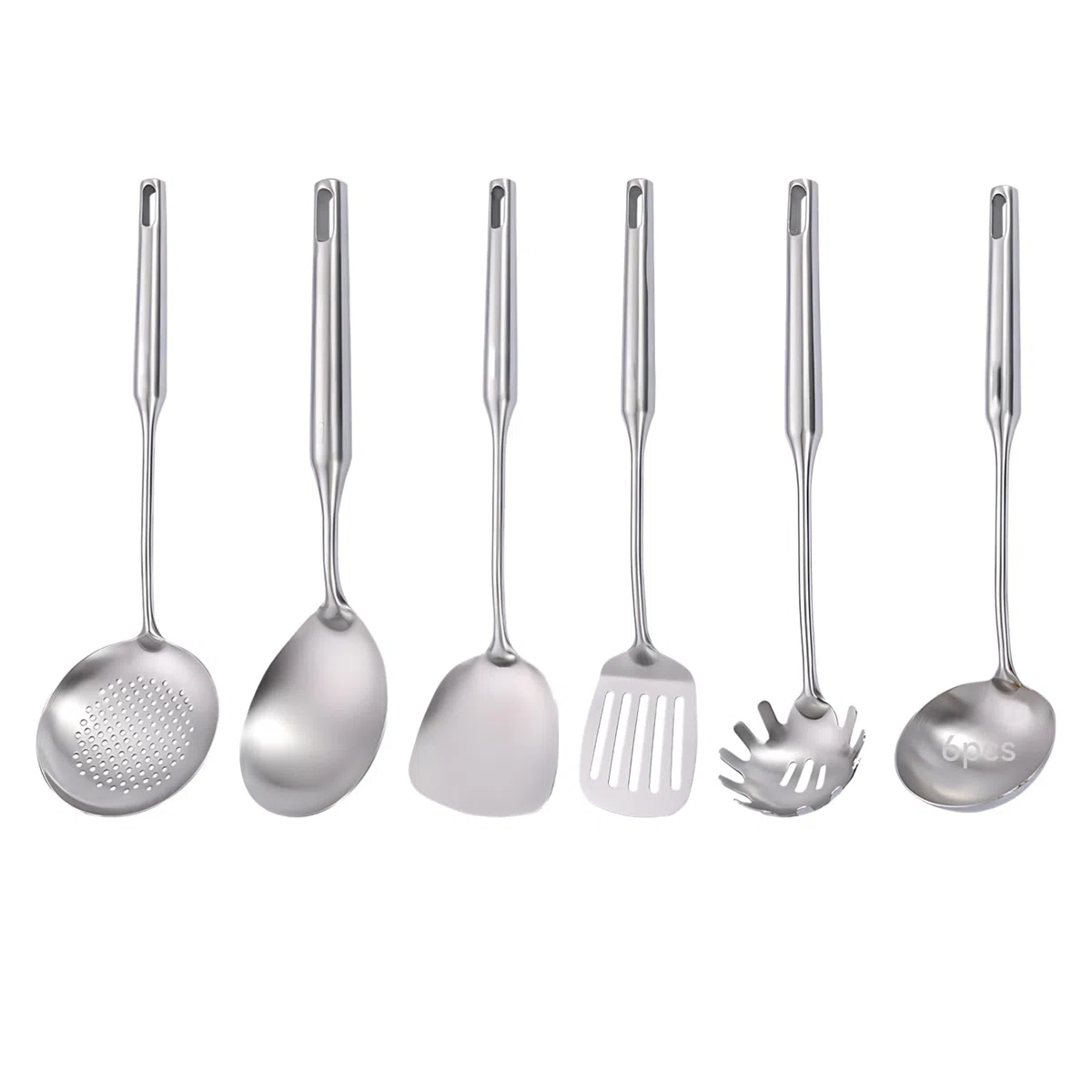Küchenutensilien Set 6-teilig aus Edelstahl 304, Kochutensilien aus Metall mit Pfannenwender, Löffel, Kelle, Pastaserver, spülmaschinengeeignet, komplett aus Metall