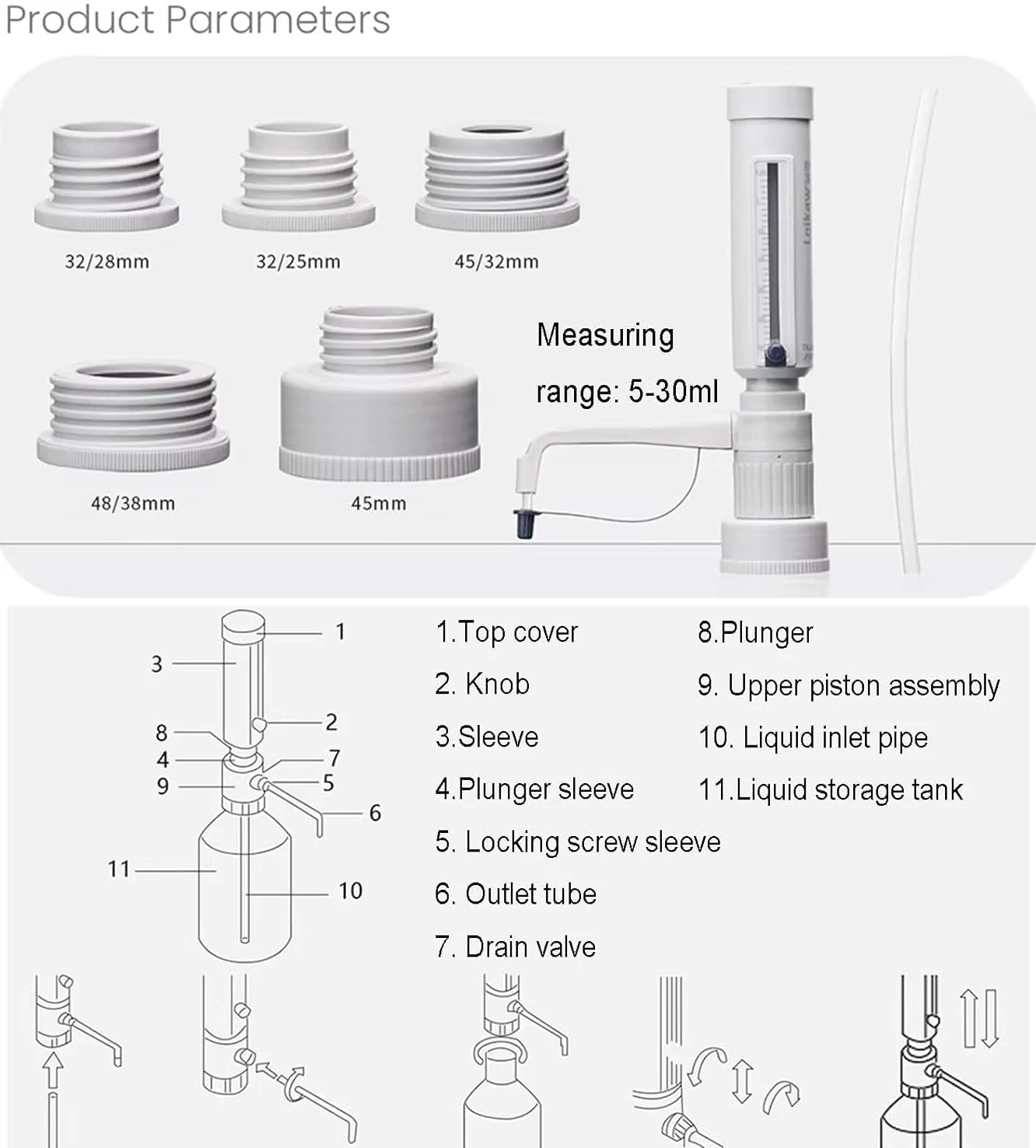 Labor-flüssigkeitsbürette, Flaschenaufsatz-dosierer, Quantitative Dosierer, Einstellbares Volumen 5–30 Ml, Mit 5 Gl-gewindeadaptern, Dosiert Reagenzien Präzise Aus Laborflaschen. 250ml