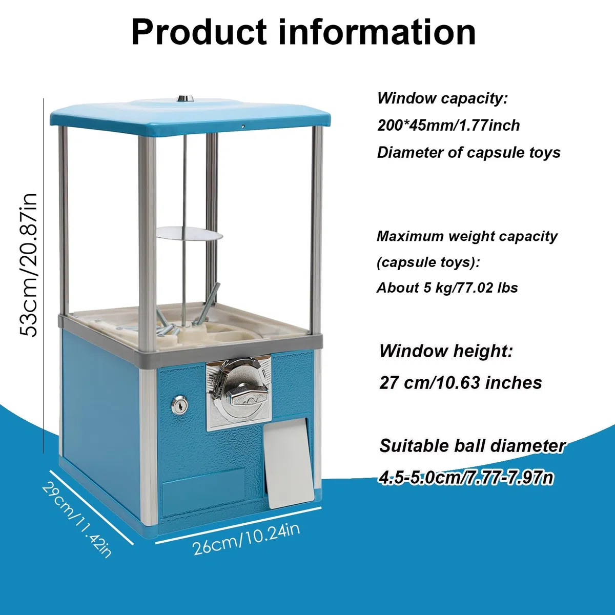 Verkaufsautomat mit Münzeinwurf,Kommerzieller Kaugummiautomat für Süßigkeiten,Automatischer Kapsellotterieautomat,Verkaufsautomaten für Unternehmen,für 4,5–5,5 cm für Spieleläden(Blue,1 EUR/Two Times)